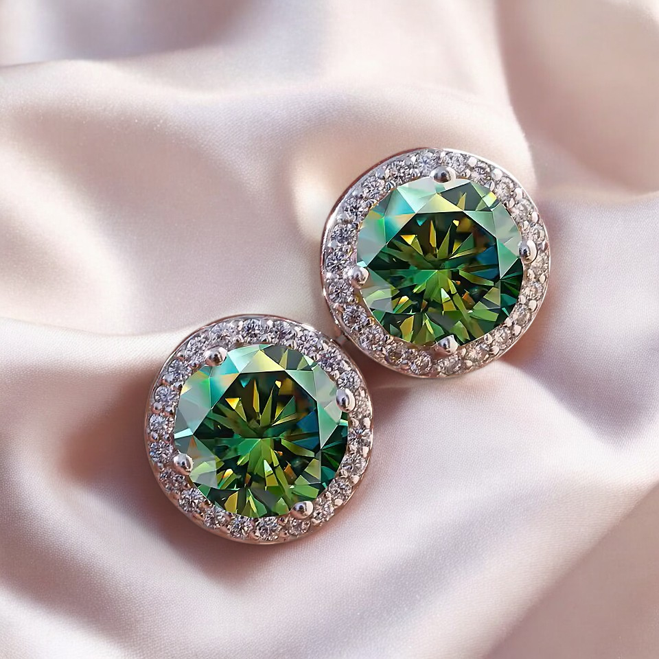 Elegant Natalie Halo Stud Earrings - 2 Carat Moissanite (Dark Green) - 2 x 1CT Each Aura Diamonds