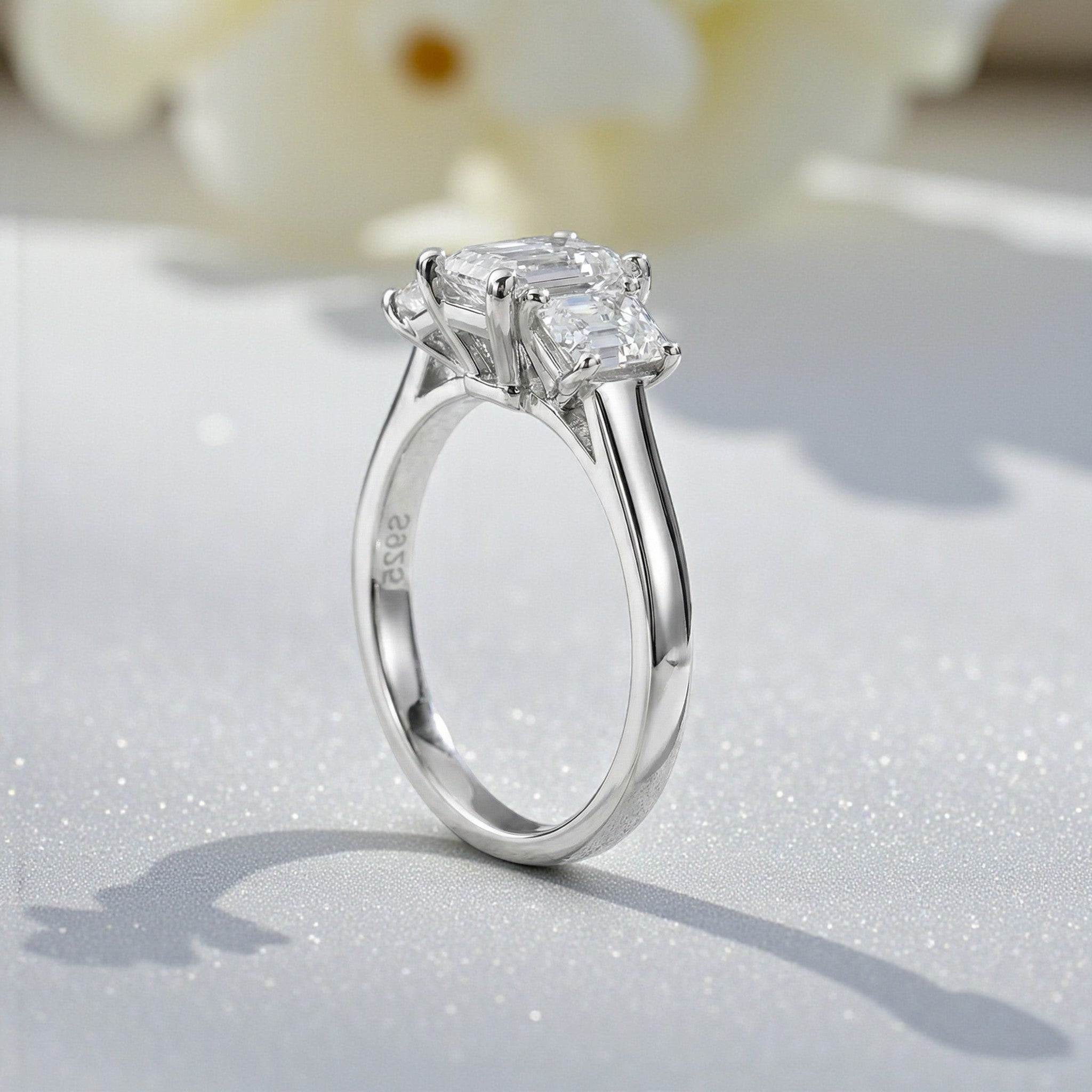 Elegant Trilogy: 1.6 Carat Weight Emerald Moissanite Engagement Ring Aura Diamonds