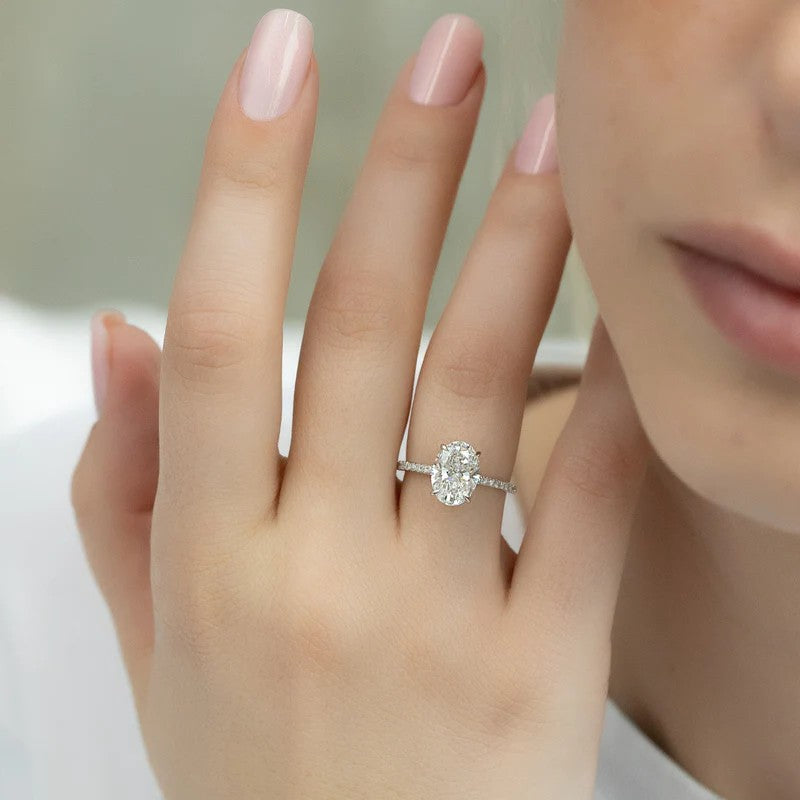 Oval 2 Carat Floral Cathedral Setting with Pave Band Lab Diamond Engagement Ring