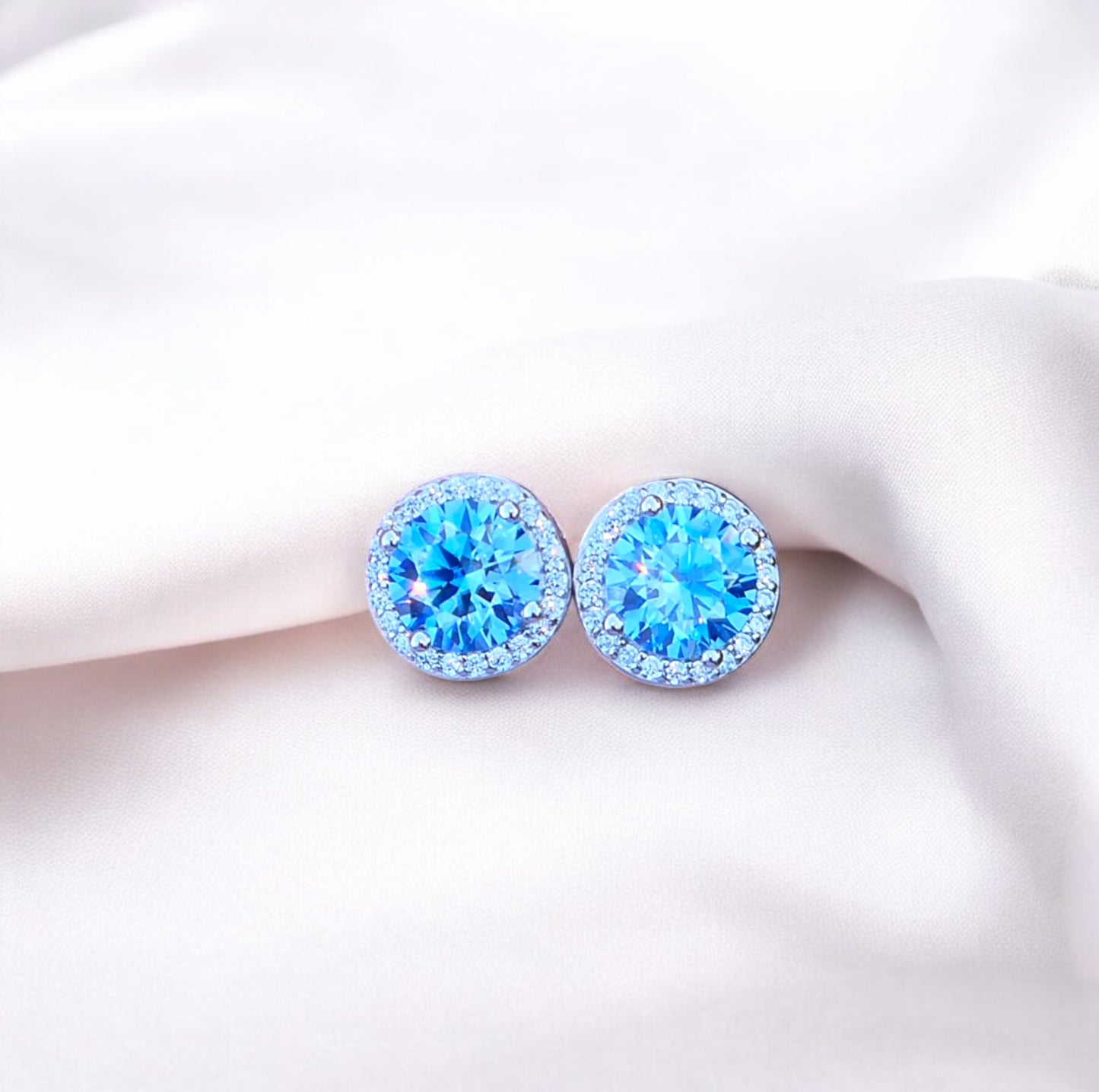 Elegant Tina Halo Stud Earrings - 1CT Moissanite (Blue) - 2 x 1CT Each