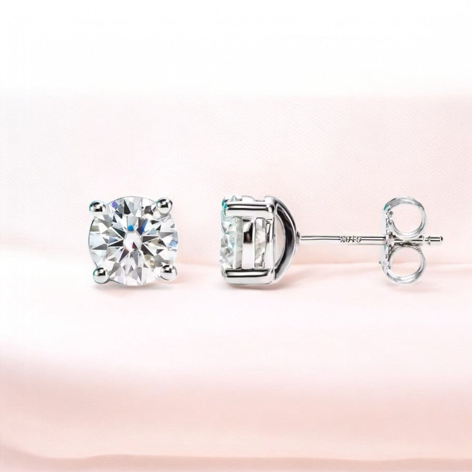 10K White Gold Moissanite Stud Earrings with Sterling Silver Setting | Sparkling Round Cut Design Aura Diamonds