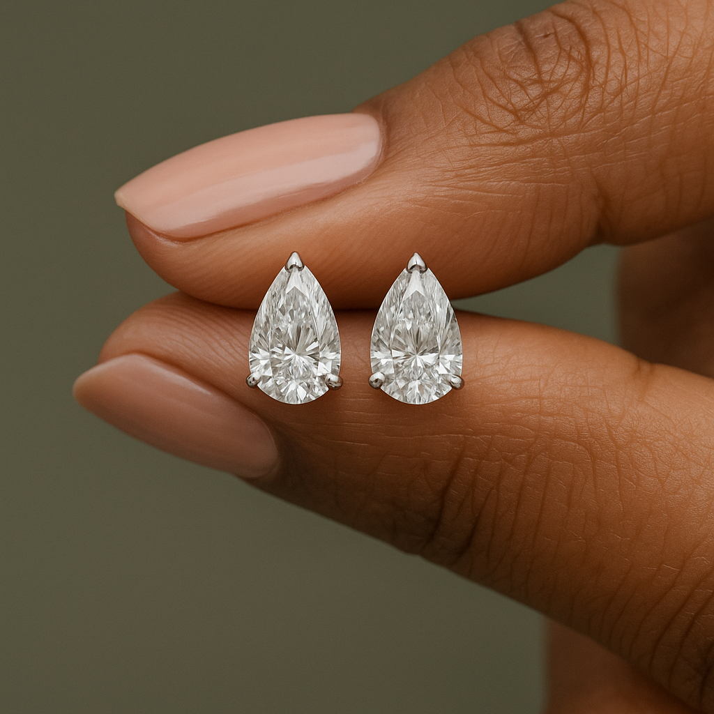 10K White Gold Teardrop Stud Earrings with Sterling Silver Setting (Rhodium Plated)| Sparkling Pear Cut Moissanite Aura Diamonds