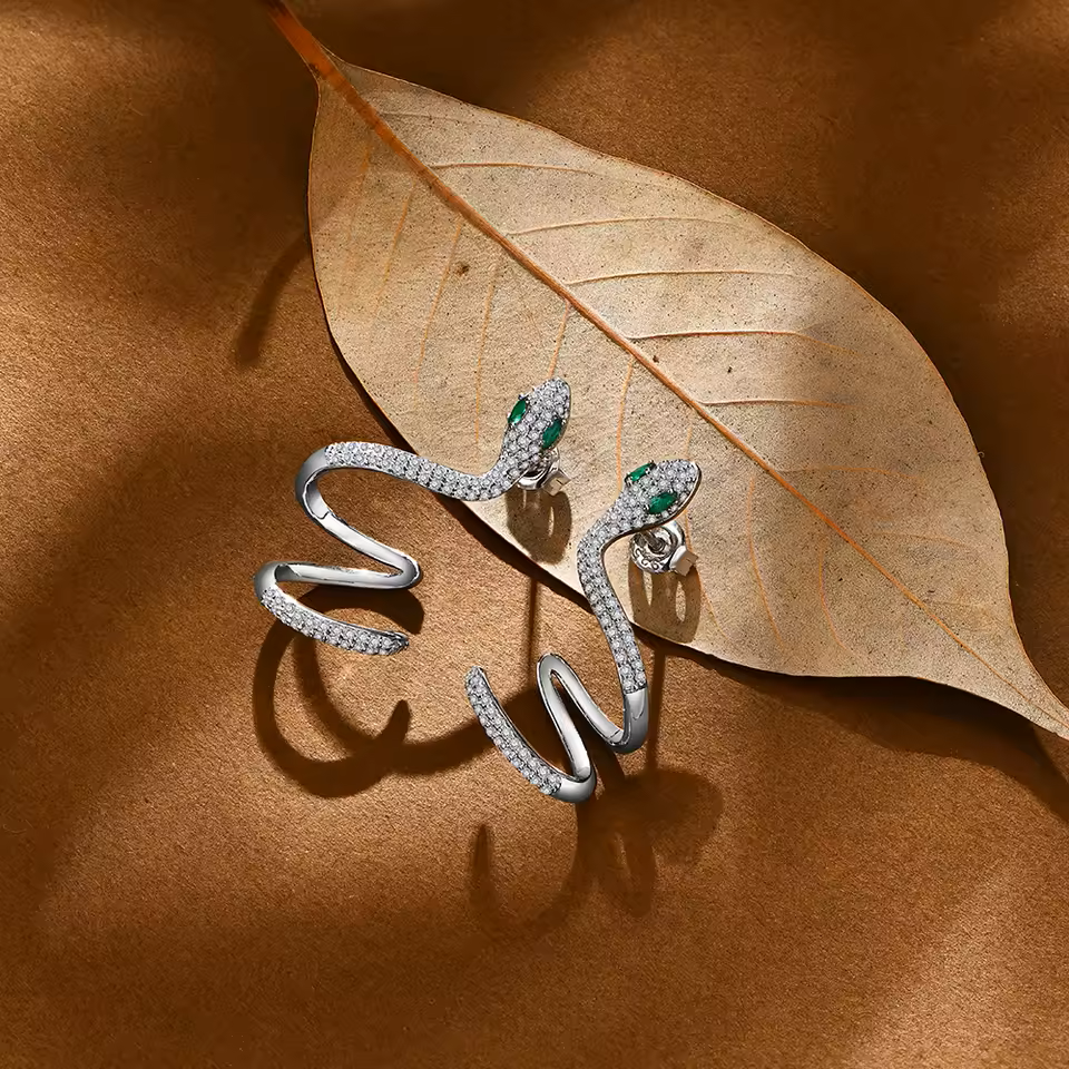 Exotic Snake Earrings - White Gold 18K Plated Aura Diamonds