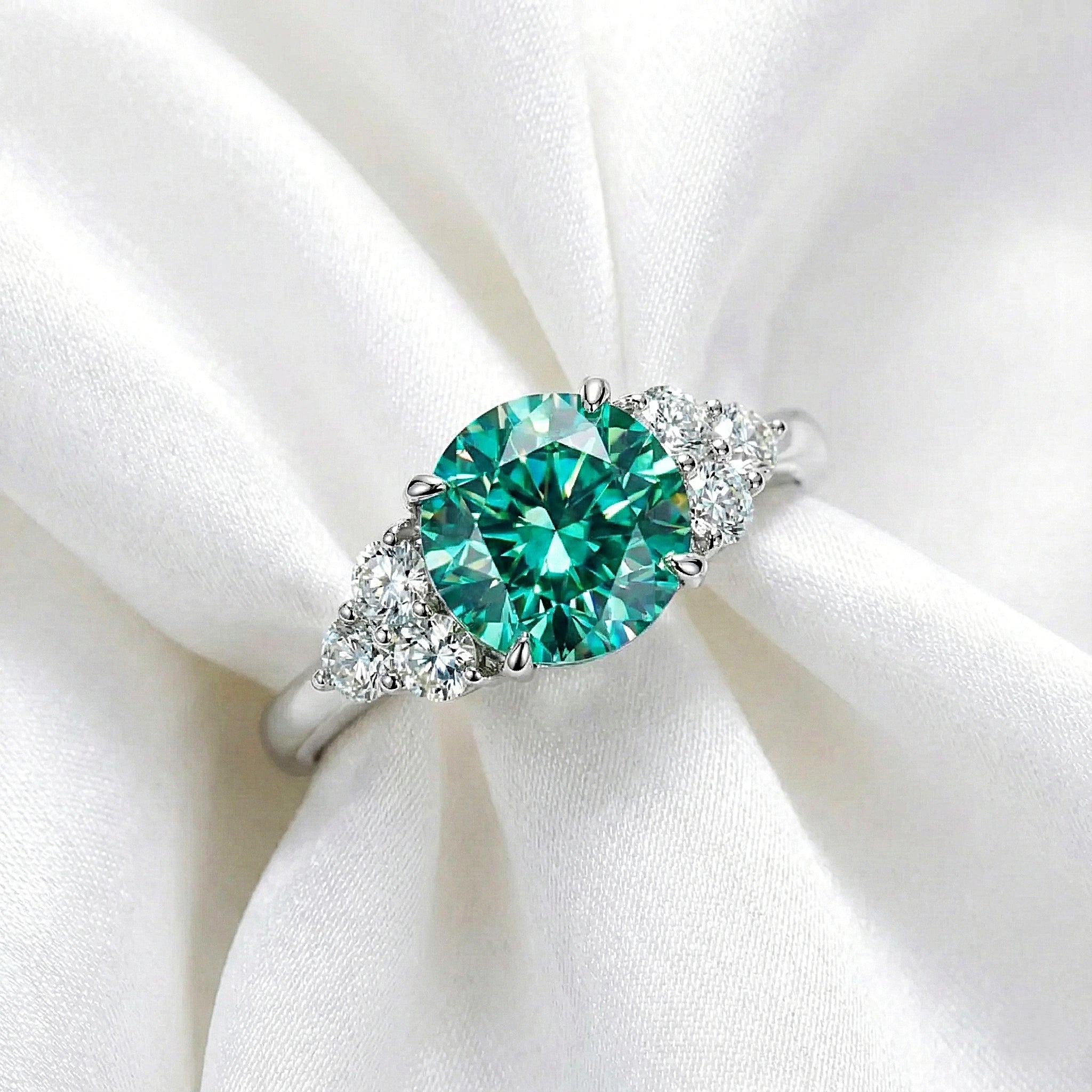 Round Cut 3 Carat Green Moissanite Ring Aura Diamonds