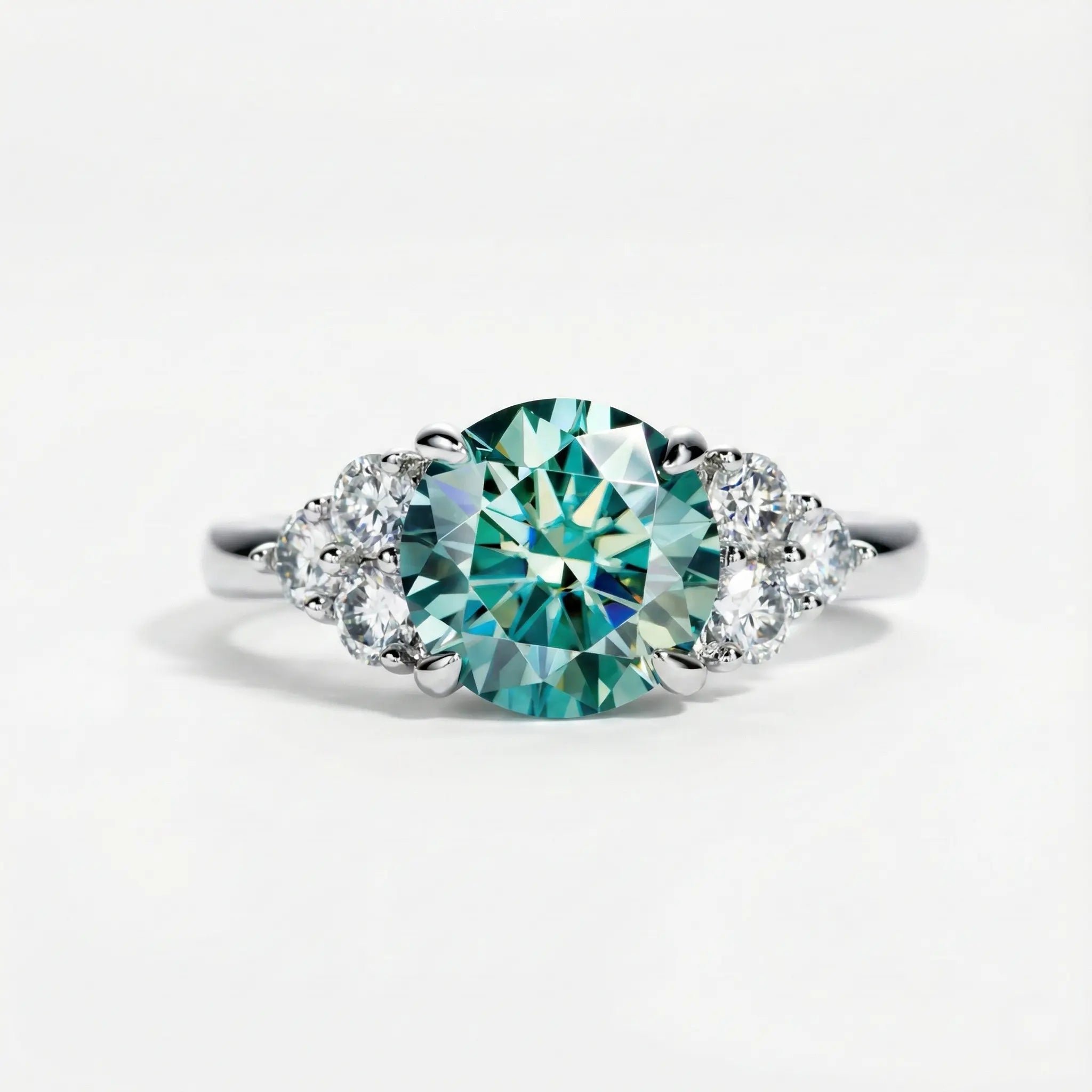 Round Cut 3 Carat Green Moissanite Ring Aura Diamonds