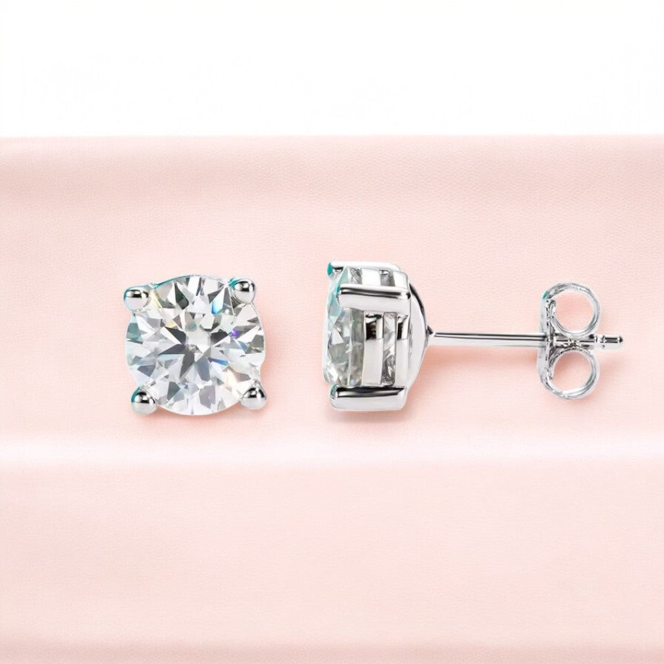 10K White Gold Moissanite Stud Earrings with Sterling Silver Setting | Sparkling Round Cut Design Aura Diamonds