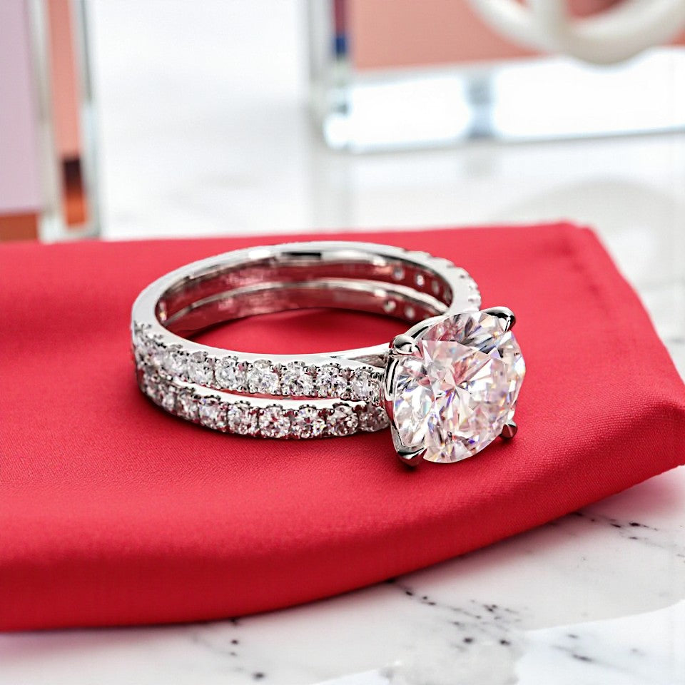 Luxury 3 Carat Ring Set 14K White Gold Round-Cut with Pave Band - Moissanite