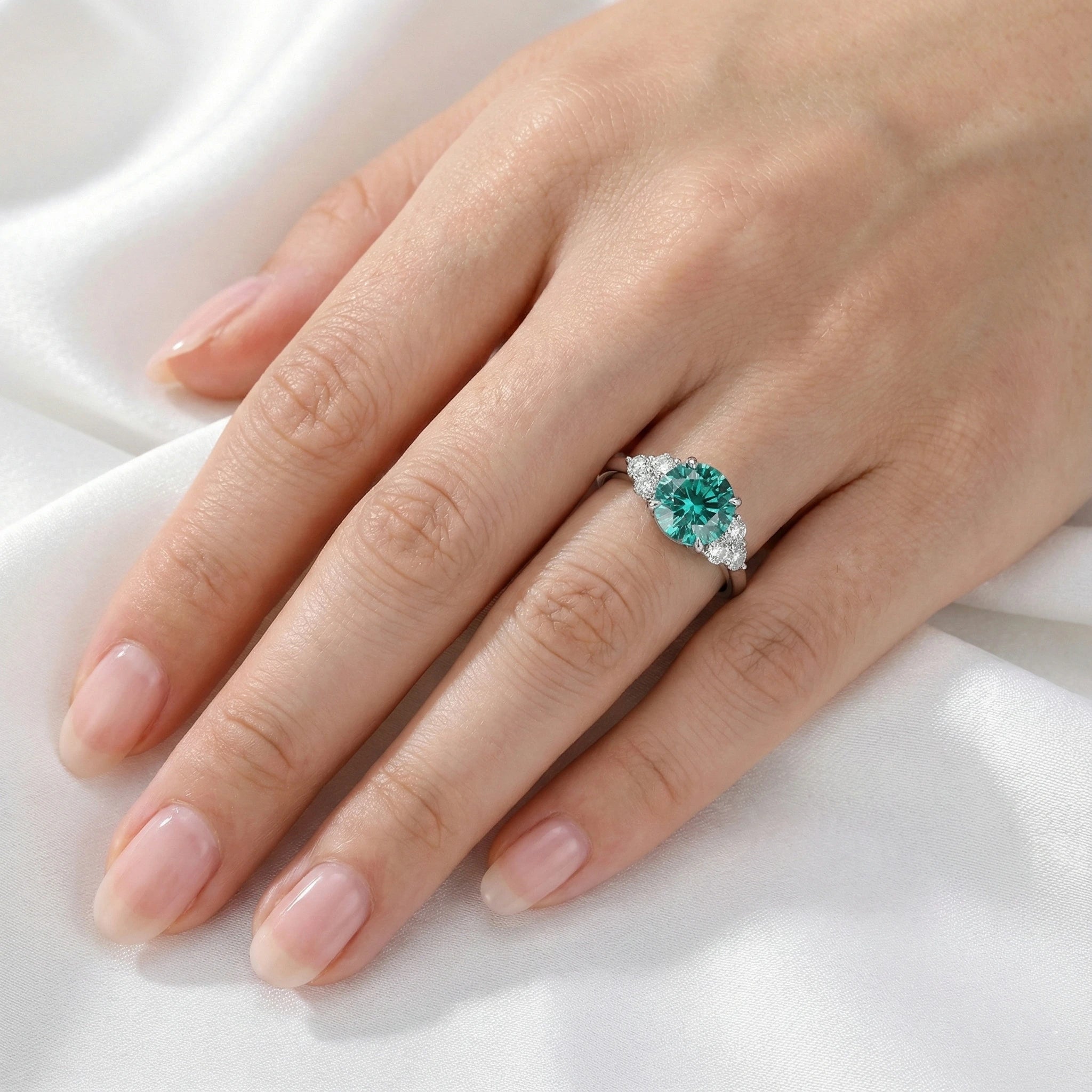 Round Cut 3 Carat Green Moissanite Ring Aura Diamonds