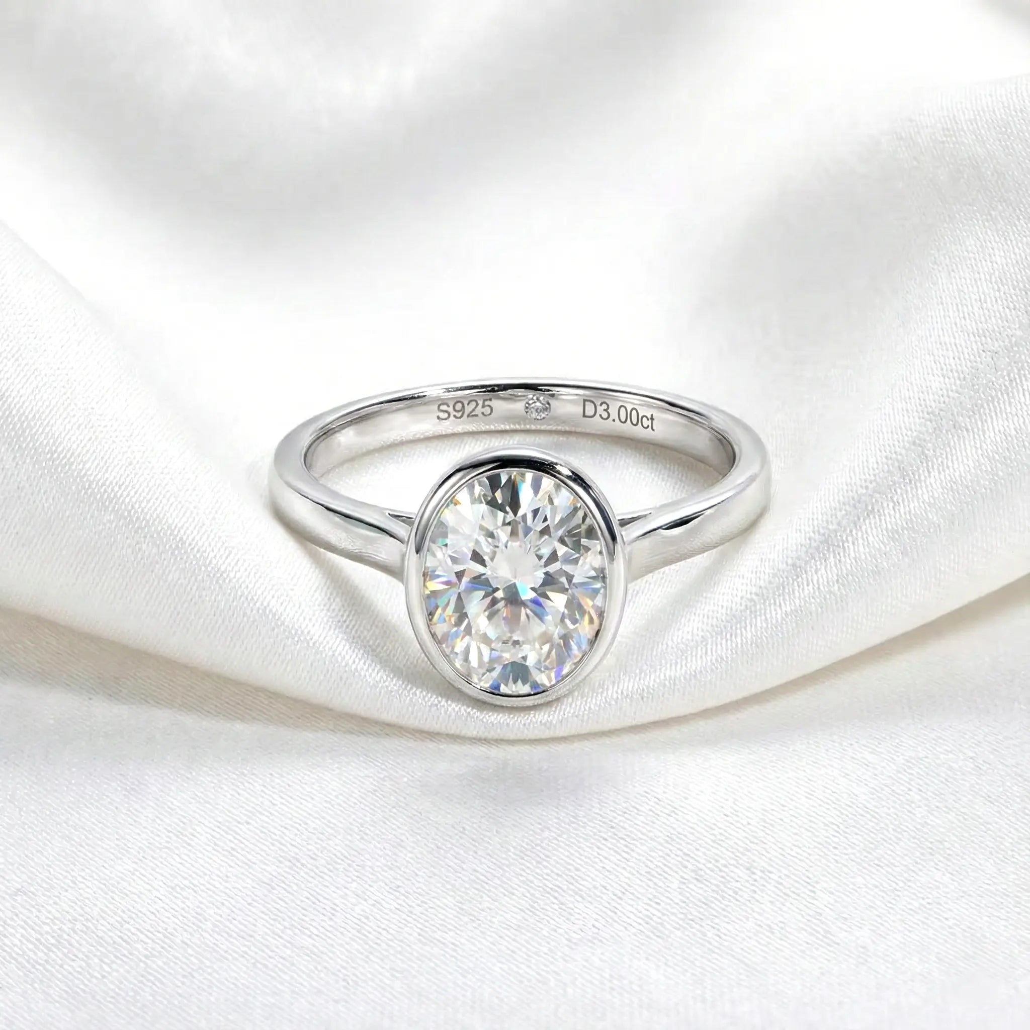 Oval Cut 3 Carat Moissanite Bezel Solitaire Ring Aura Diamonds