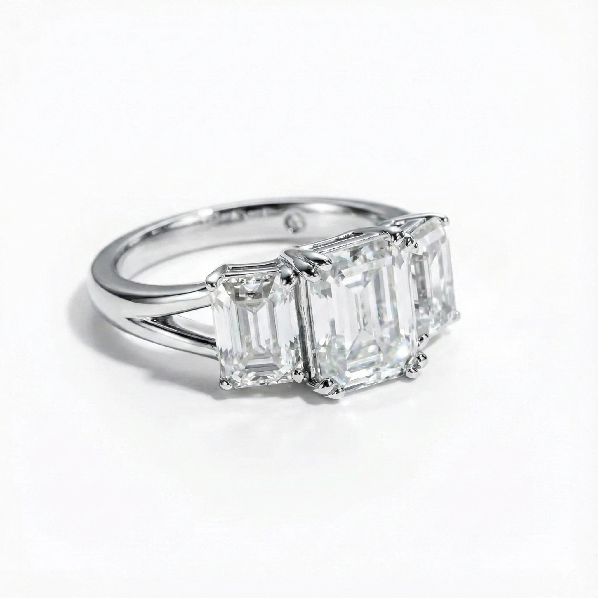 Emerald Cut 5 Carat Weight Moissanite Three-Stone Engagement Ring Aura Diamonds