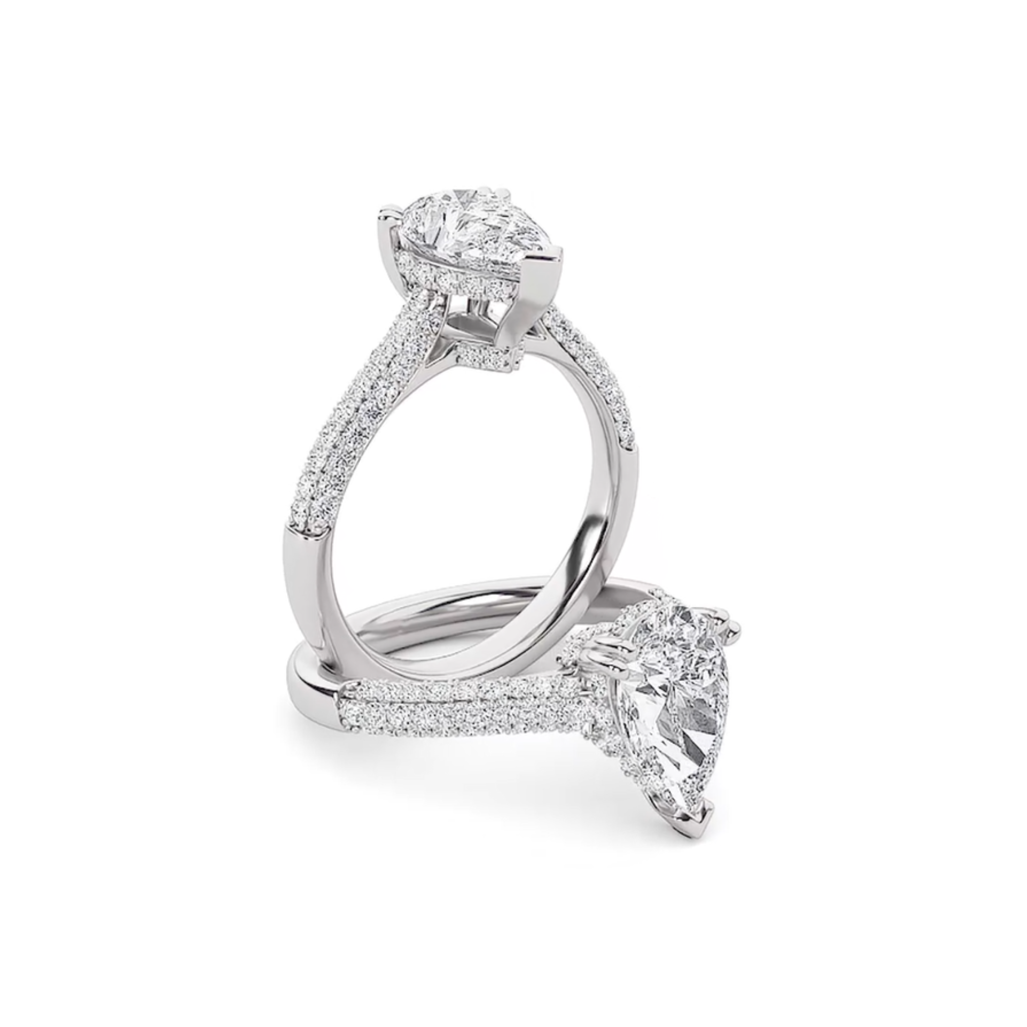 70+ Diamonds - Pear Cut 3 Carat - Hidden Halo Ring with Pave Band - Lab Diamond - IGI Certified Aura Diamonds