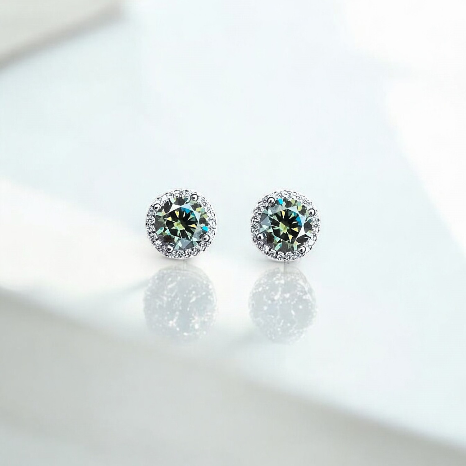 Elegant Natalie Halo Stud Earrings - 2 Carat Moissanite (Dark Green) - 2 x 1CT Each Aura Diamonds