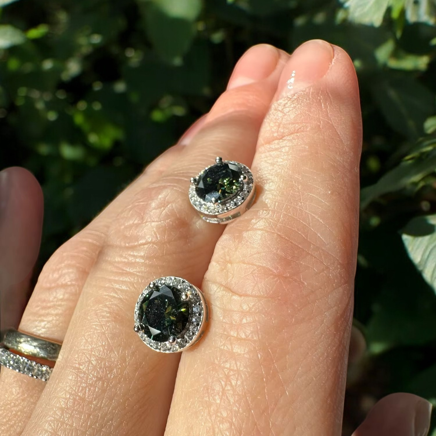 Elegant Natalie Halo Stud Earrings - 2 Carat Moissanite (Dark Green) - 2 x 1CT Each Aura Diamonds