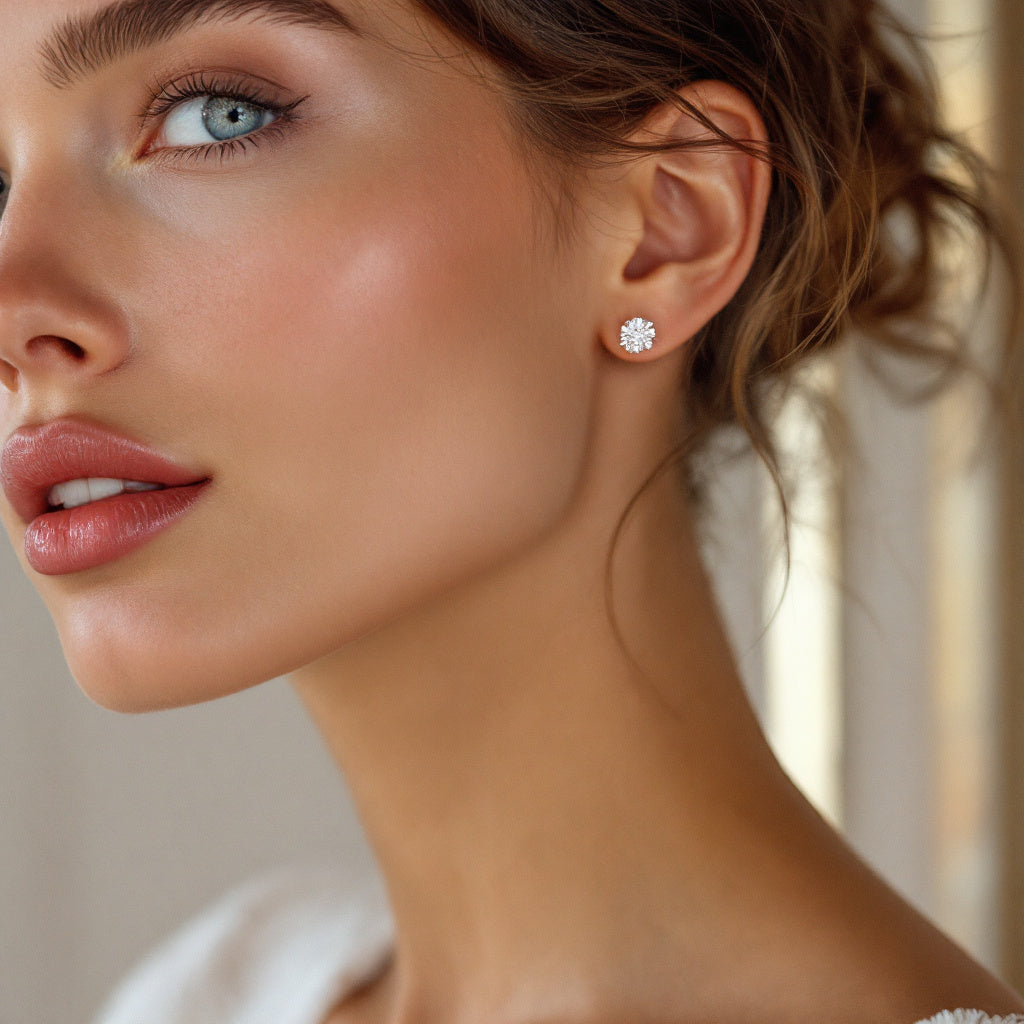 14K White Gold Moissanite Luxury Stud Earrings | Brilliant Round Cut Design Aura Diamonds