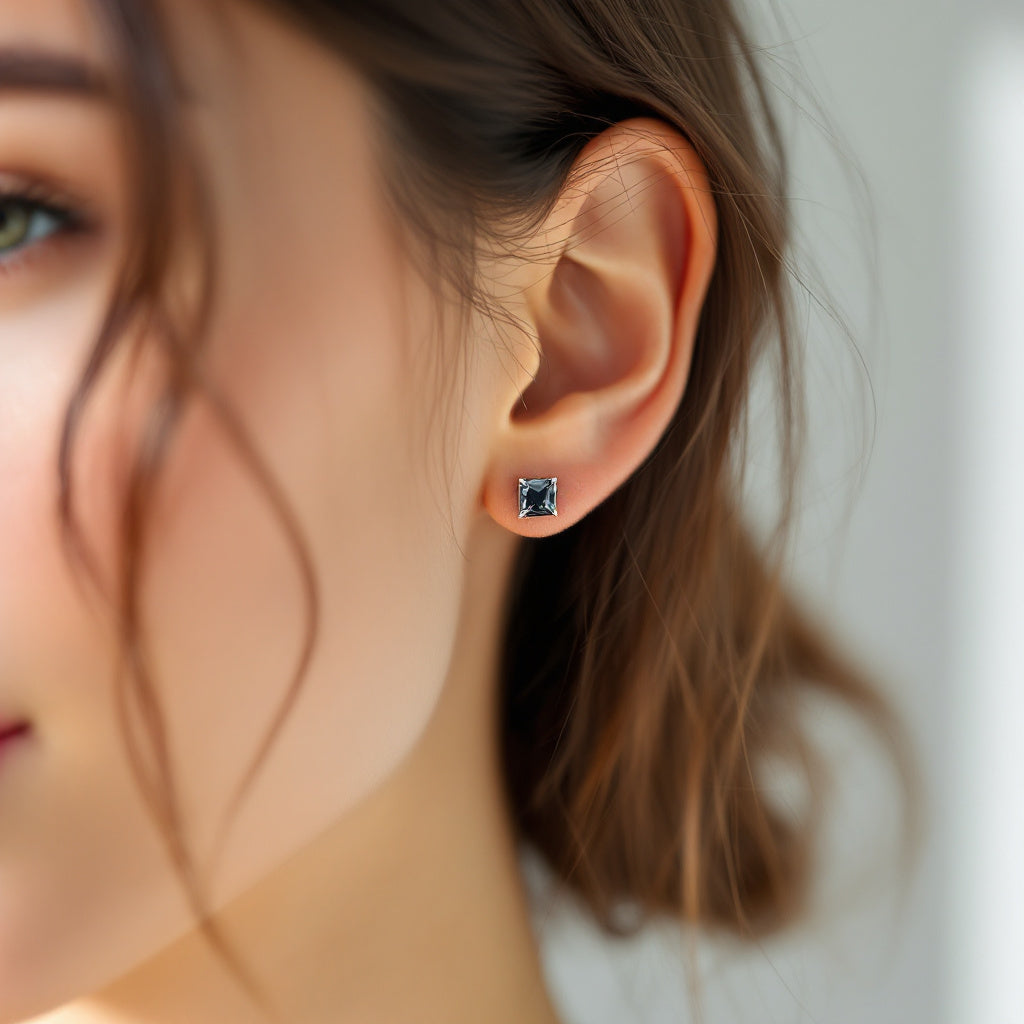 10K White Gold Black Moissanite Gemstone Princess Cut Stud Earrings with Sterling Silver Setting (Rhodium Plated)