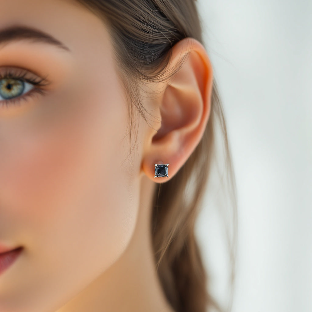 10K White Gold Black Moissanite Gemstone Princess Cut Stud Earrings with Sterling Silver Setting (Rhodium Plated)
