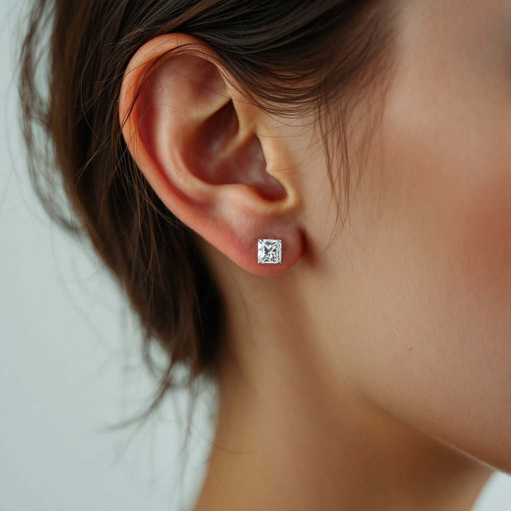 10K White Gold Asscher Cut Stud Earrings with Sterling Silver Setting (Rhodium Plated)| Sparkling Moissanite