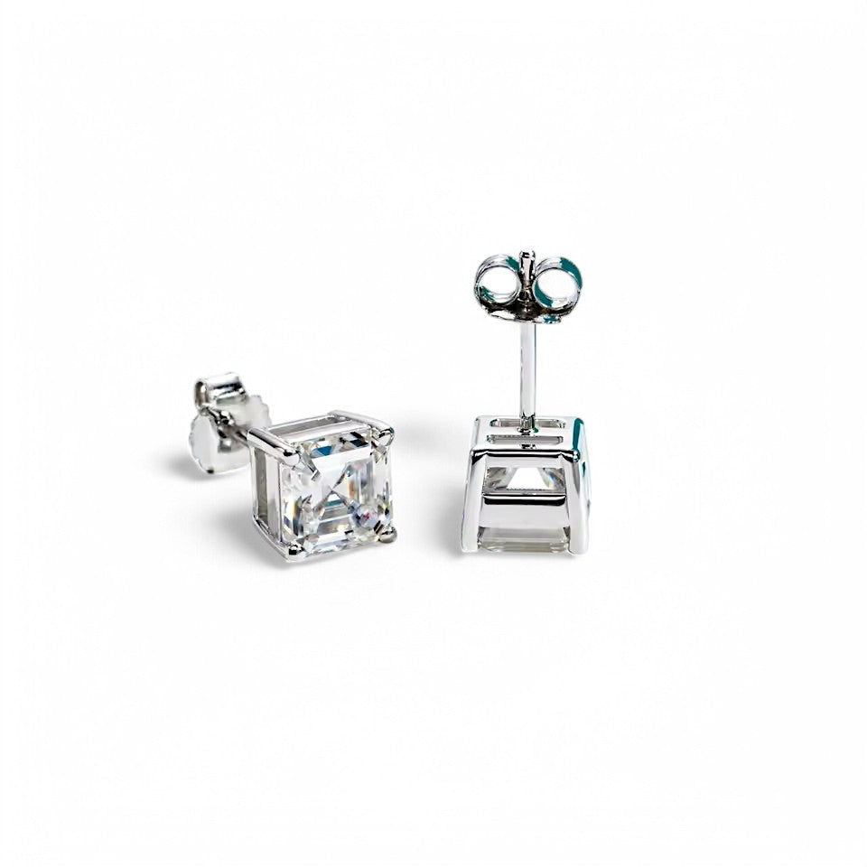 10K White Gold Asscher Cut Stud Earrings with Sterling Silver Setting (Rhodium Plated)| Sparkling Moissanite Aura Diamonds