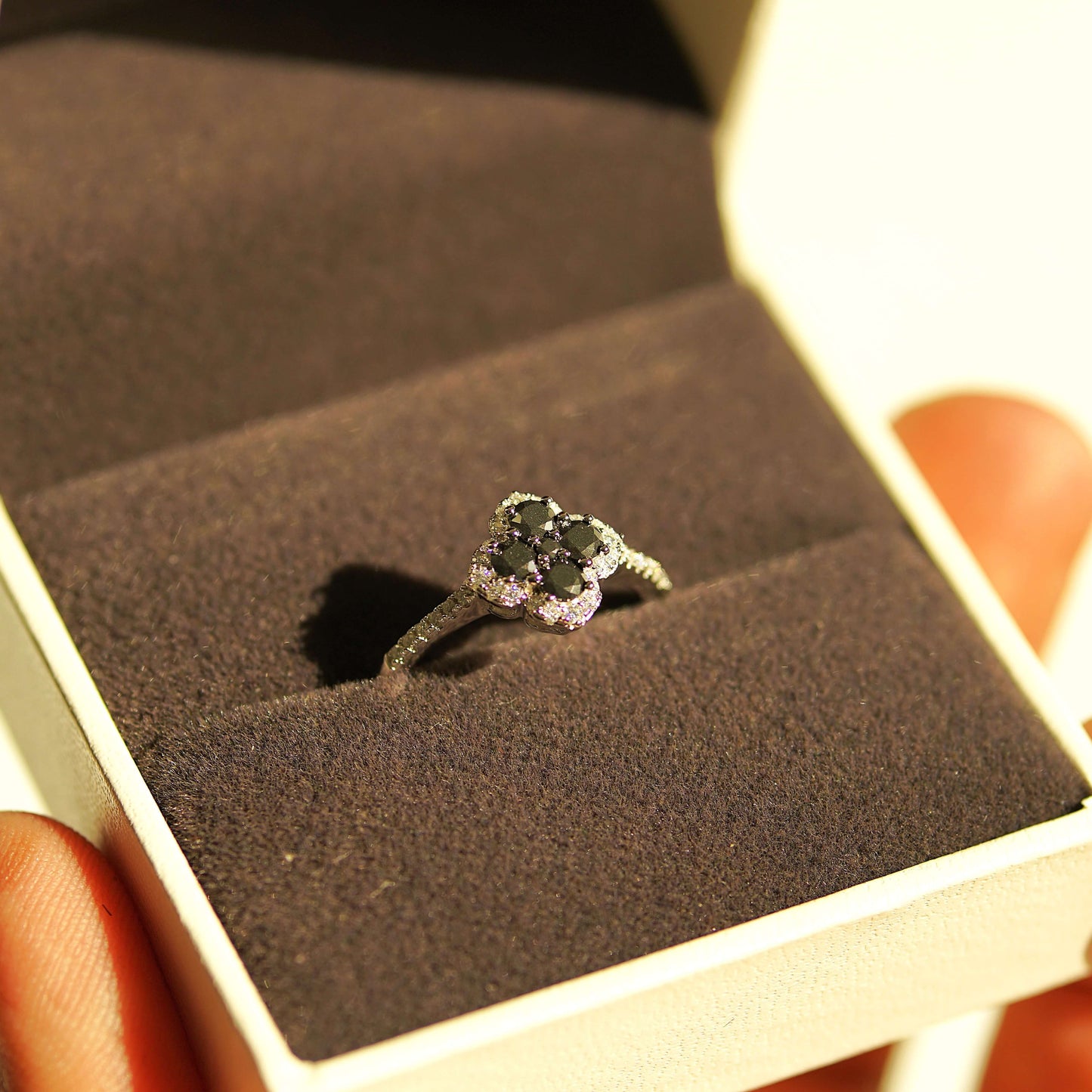 Elegant Clover Leaf Cocktail Ring with Pave Band - Black Moissanite