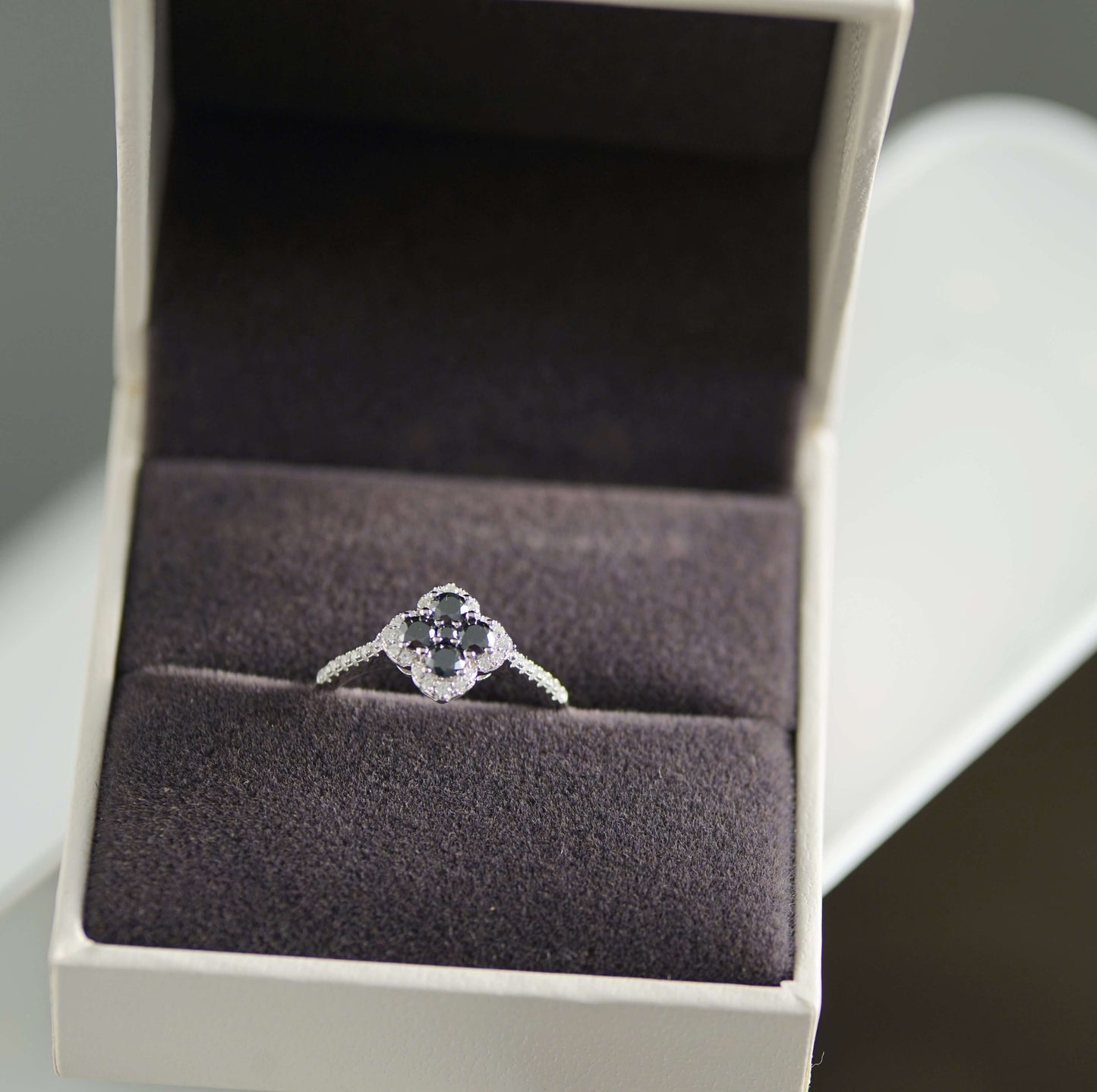 Elegant Clover Leaf Cocktail Ring with Pave Band - Black Moissanite