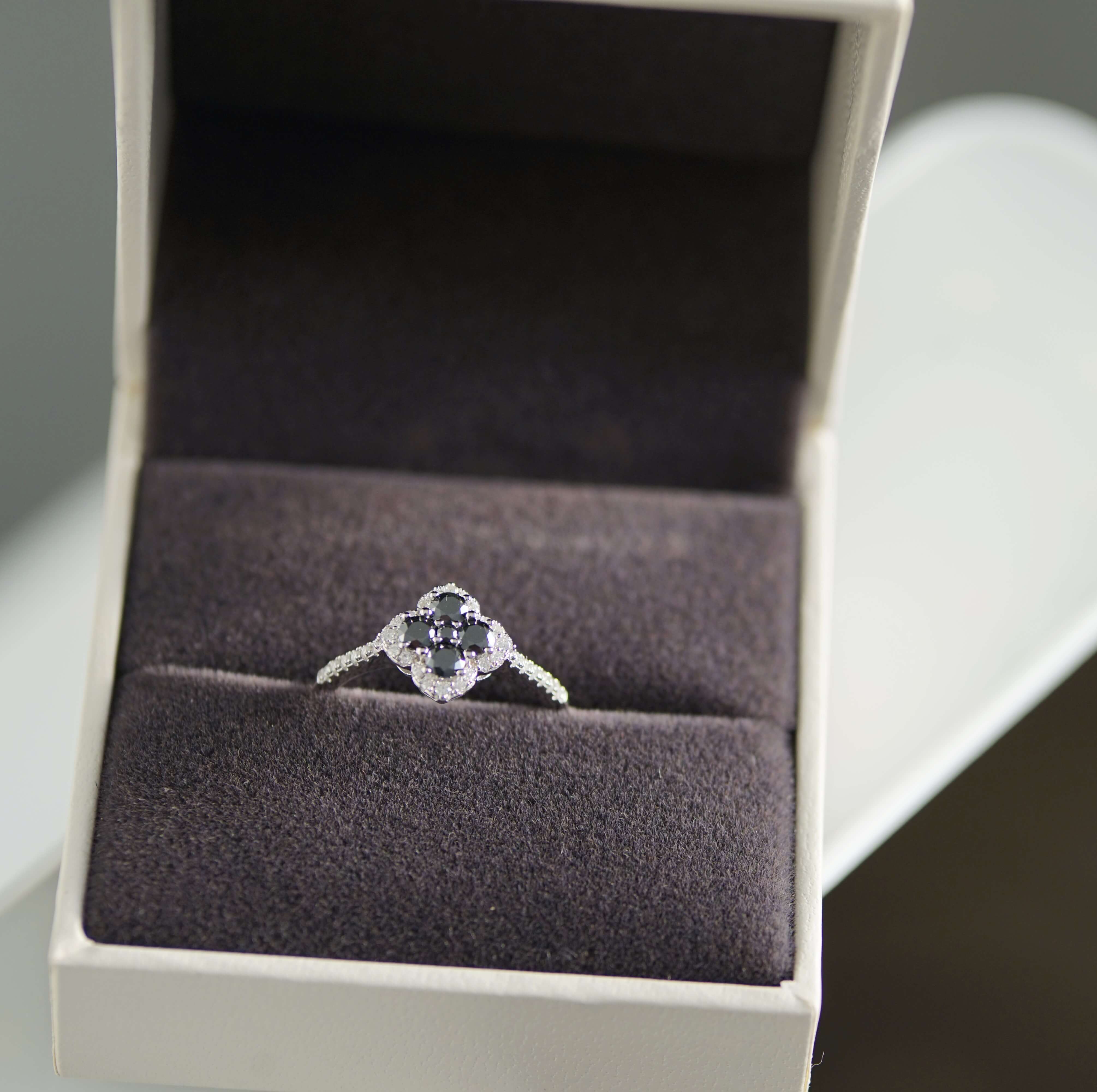 Elegant Clover Leaf Cocktail Ring with Pave Band - Black Moissanite Aura Diamonds