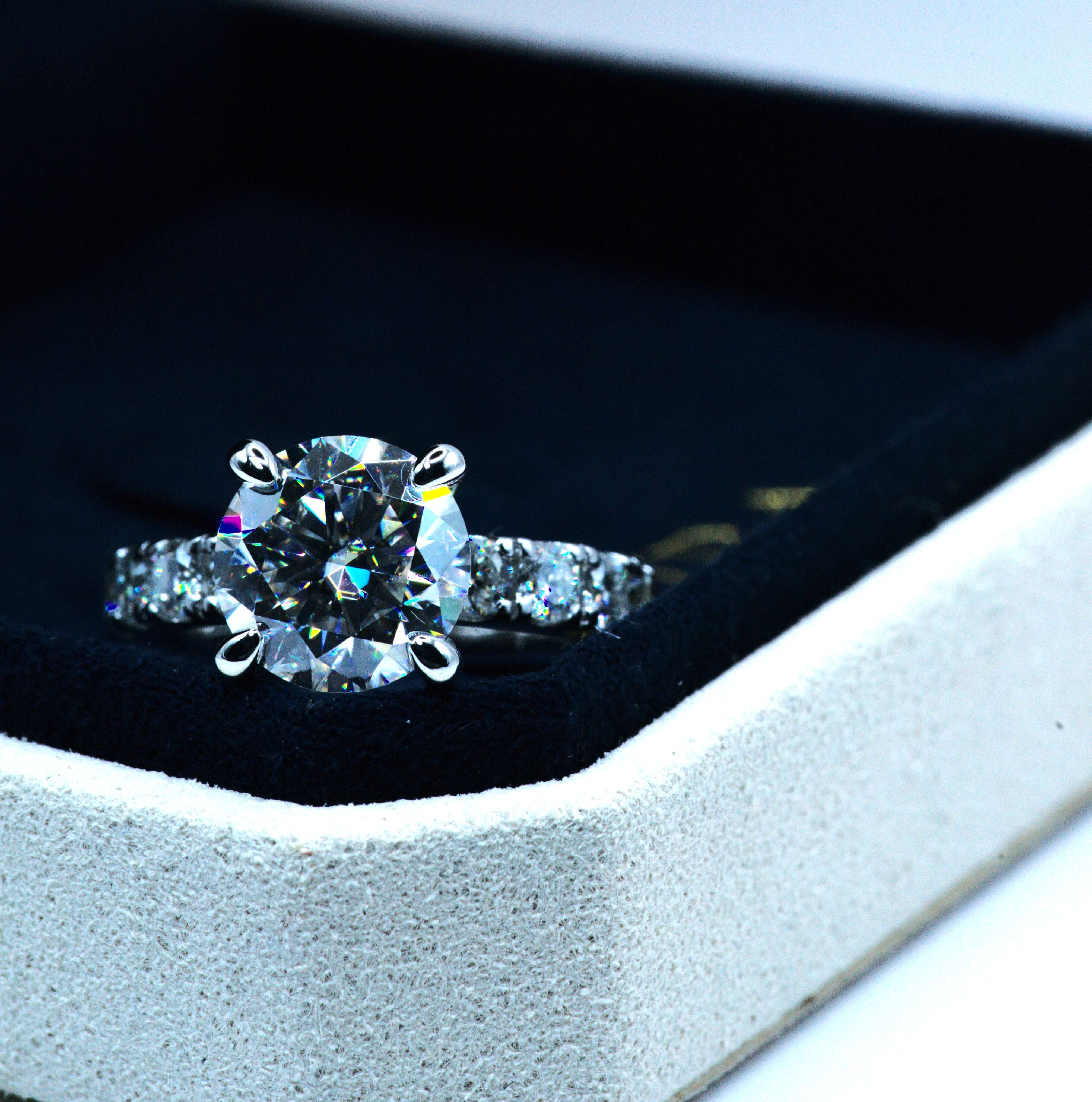 Luxury 4.3 Carat Round-Cut Solitaire Moissanite Ring with Accent Pave Stones Aura Diamonds