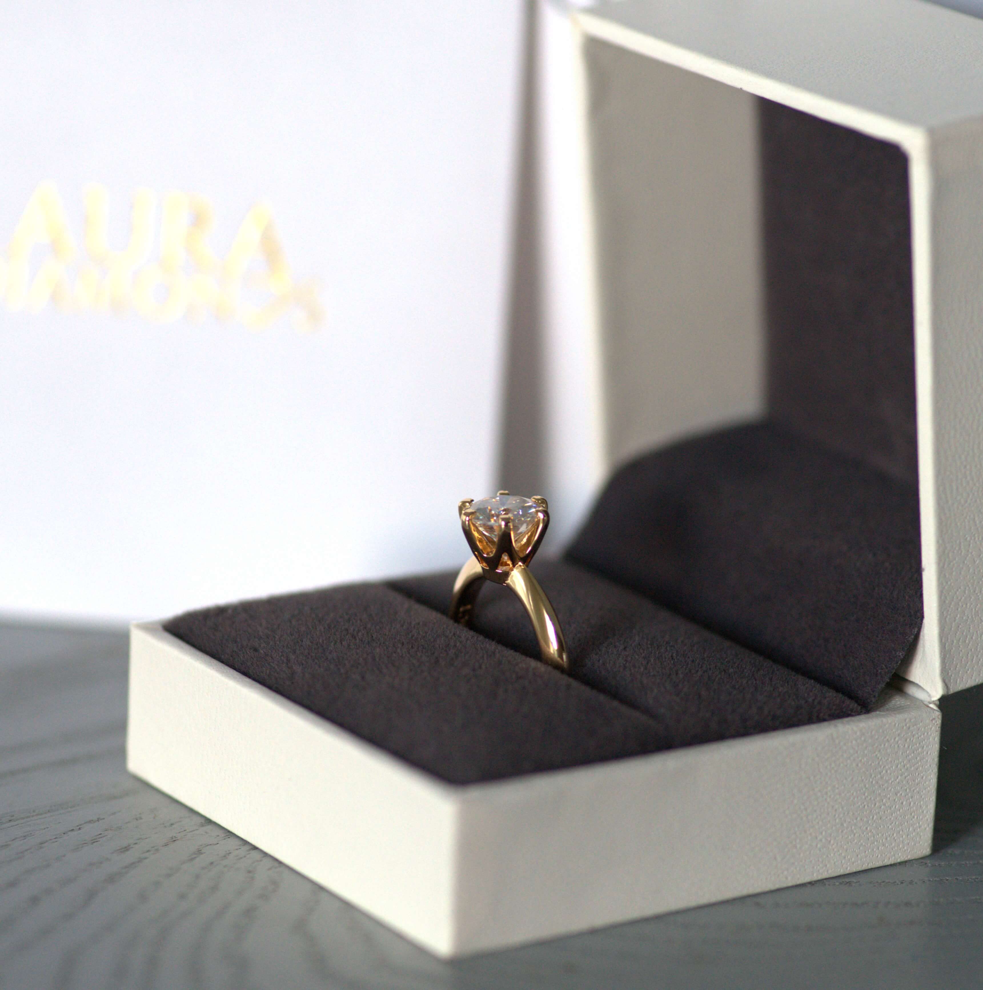 Aura Classic Solitaire Ring - 2 Carat or 3 Carat Round Brilliant Cut - Gold Vermeil Aura Diamonds