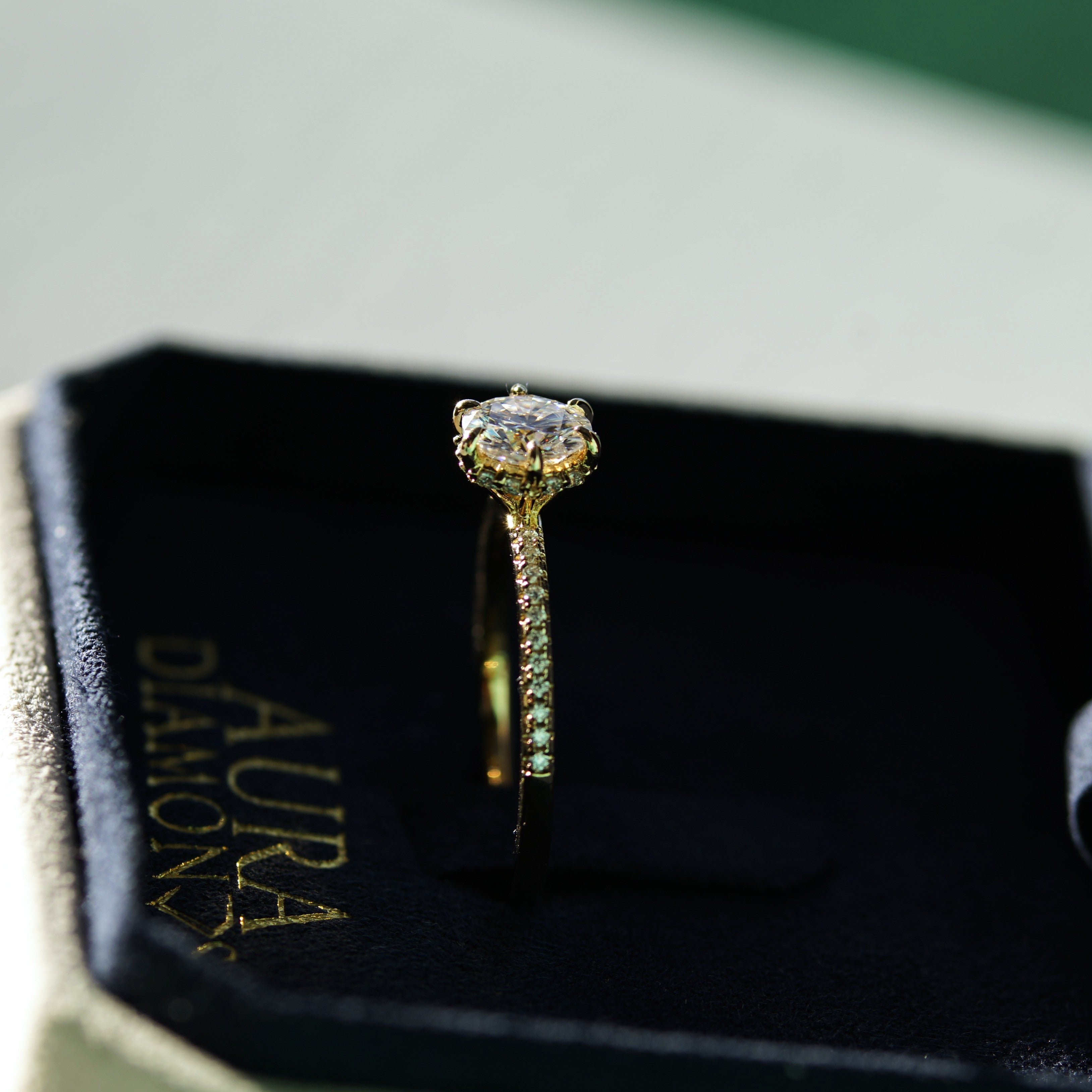 Luxury Elena Solitaire with Hidden Halo & Pave Band - Gold Vermeil - Moissanite Aura Diamonds