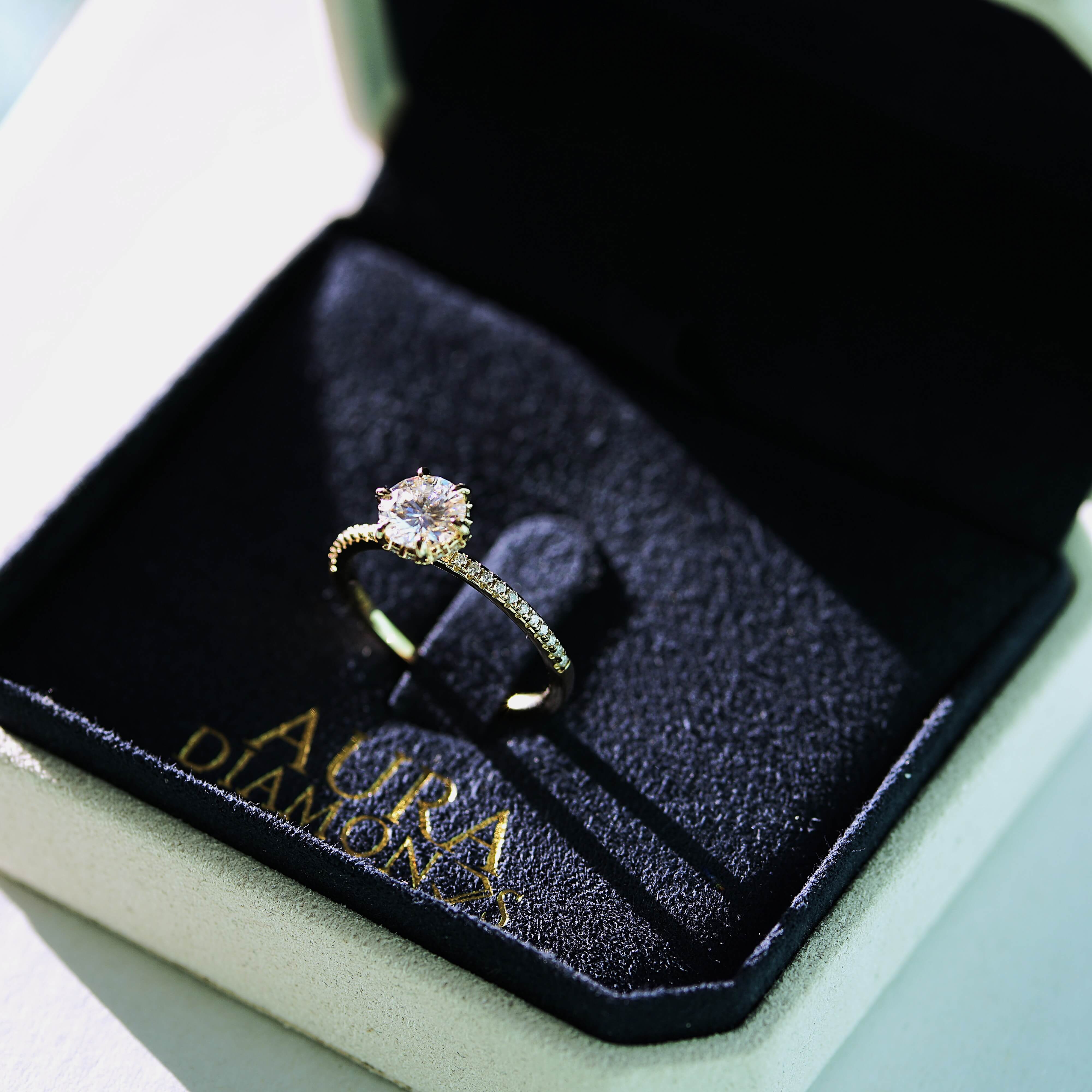 Luxury Elena Solitaire with Hidden Halo & Pave Band - Gold Vermeil - Moissanite Aura Diamonds