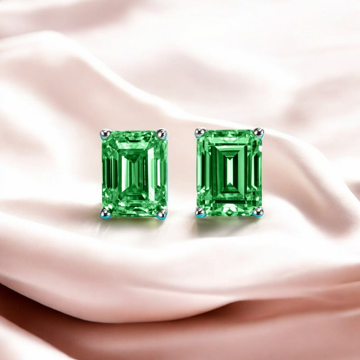 10K White Gold Colombian Emerald Cut Stud Earrings with Sterling Silver Setting | Green Emerald - Luxury Collection Aura Diamonds