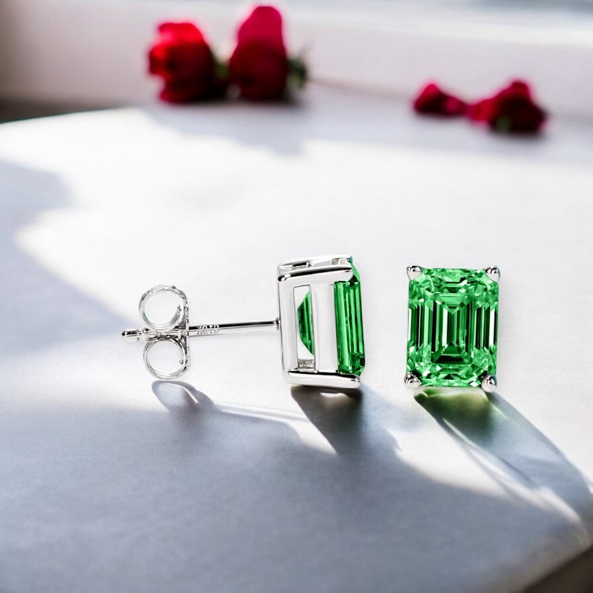 10K White Gold Colombian Emerald Cut Stud Earrings with Sterling Silver Setting | Green Emerald - Luxury Collection Aura Diamonds