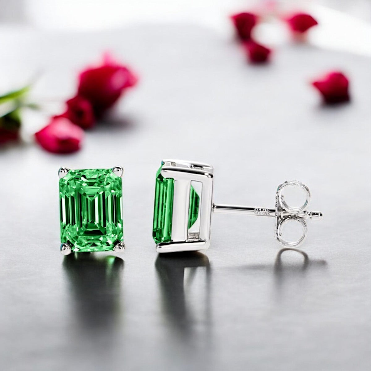 10K White Gold Colombian Emerald Cut Stud Earrings with Sterling Silver Setting | Green Emerald - Luxury Collection Aura Diamonds