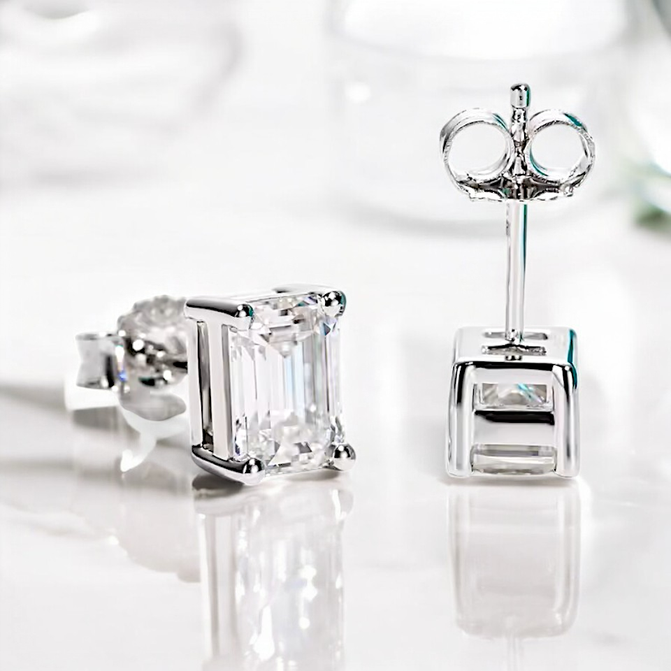 10K White Gold Emerald Cut Stud Earrings with Sterling Silver Setting (Rhodium Plated)| Sparkling Moissanite