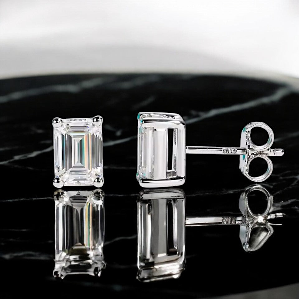 10K White Gold Emerald Cut Stud Earrings with Sterling Silver Setting (Rhodium Plated)| Sparkling Moissanite