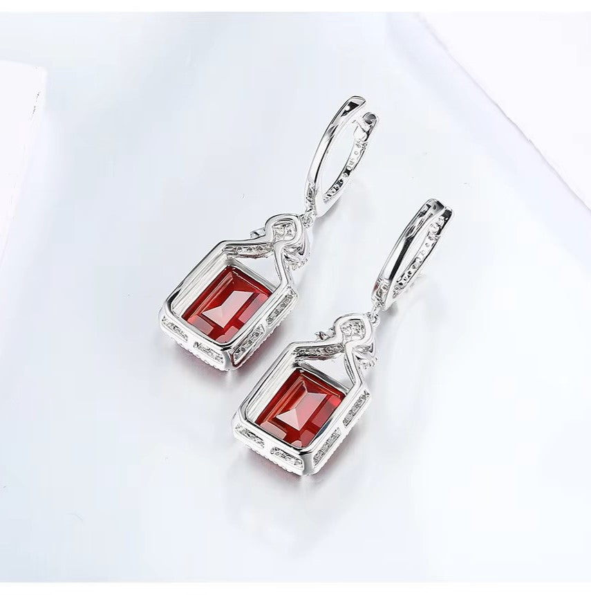 Nora Grace Ruby Halo Earrings - Red Emerald Cut - Sterling Silver