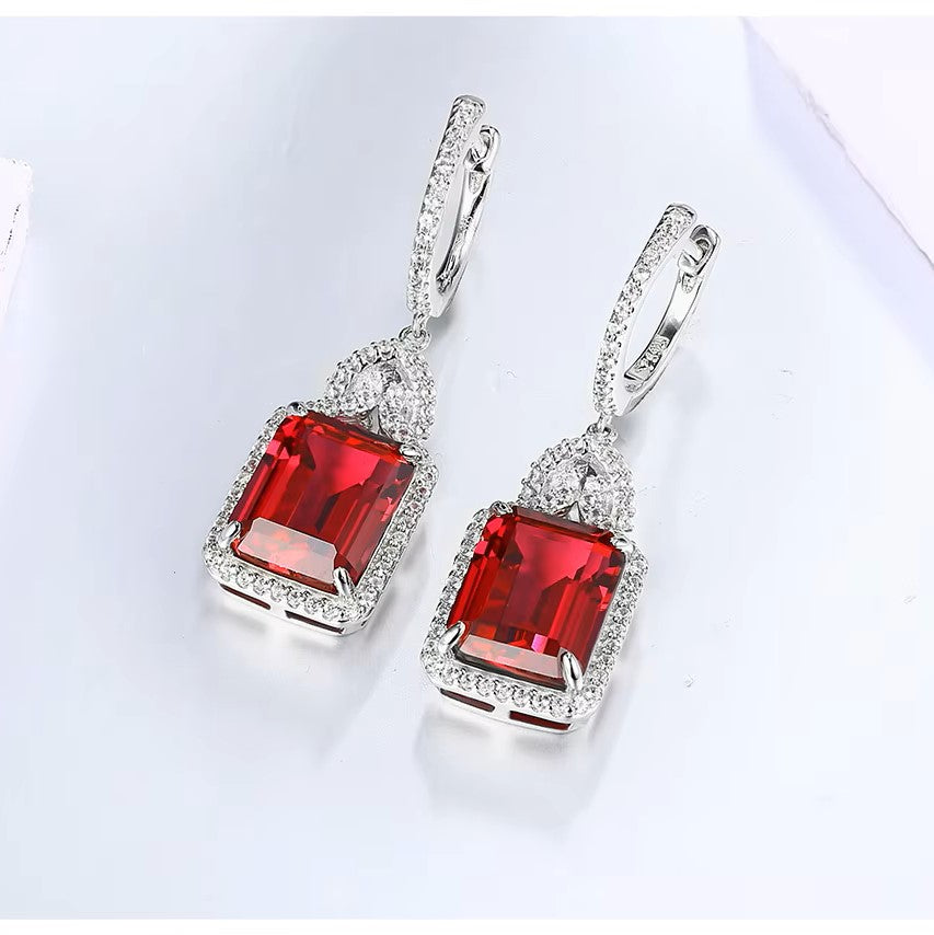 Nora Grace Ruby Halo Earrings - Red Emerald Cut - Sterling Silver