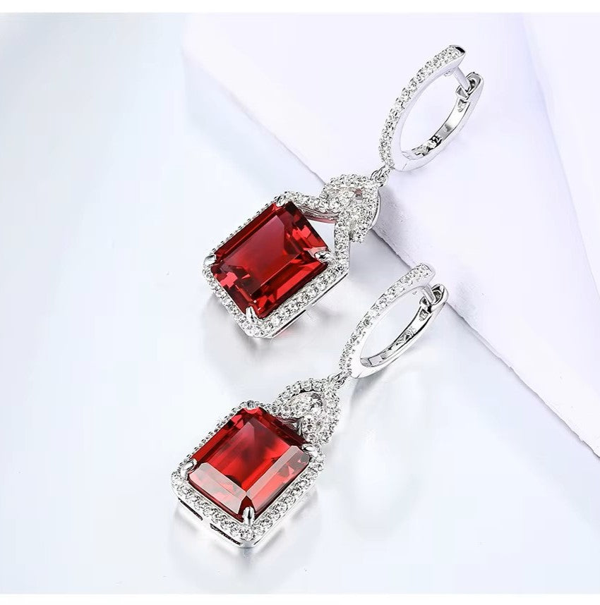 Nora Grace Ruby Halo Earrings - Red Emerald Cut - Sterling Silver