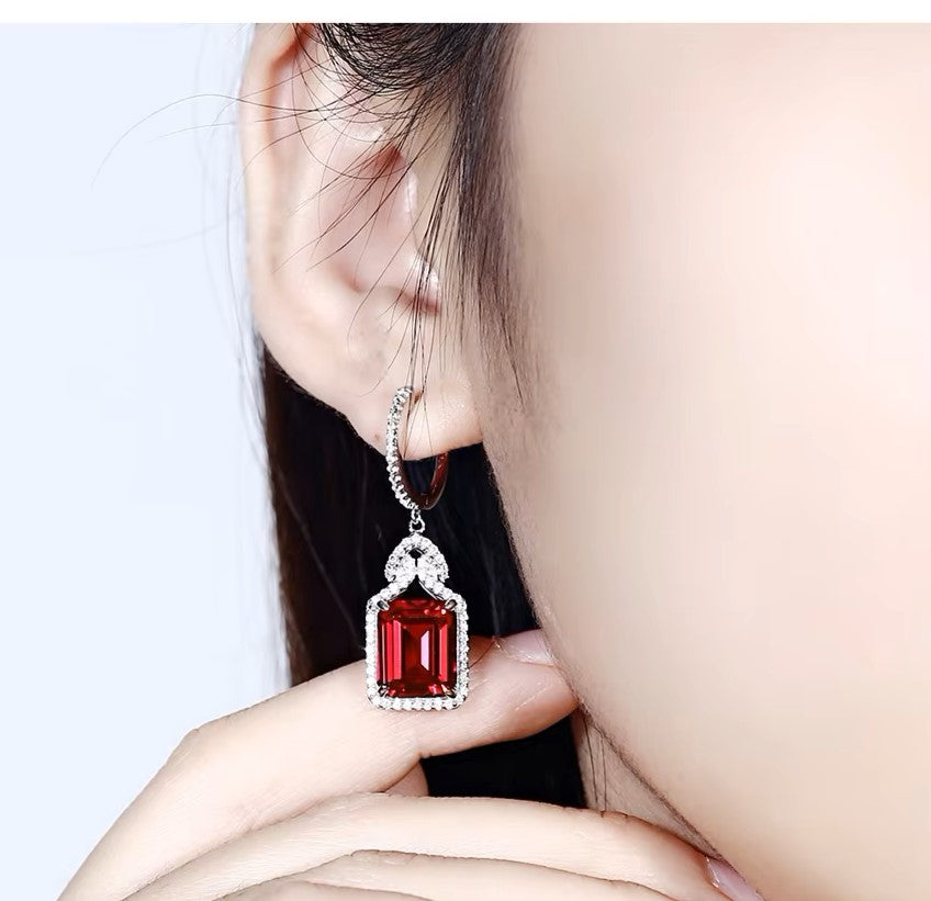Nora Grace Ruby Halo Earrings - Red Emerald Cut - Sterling Silver