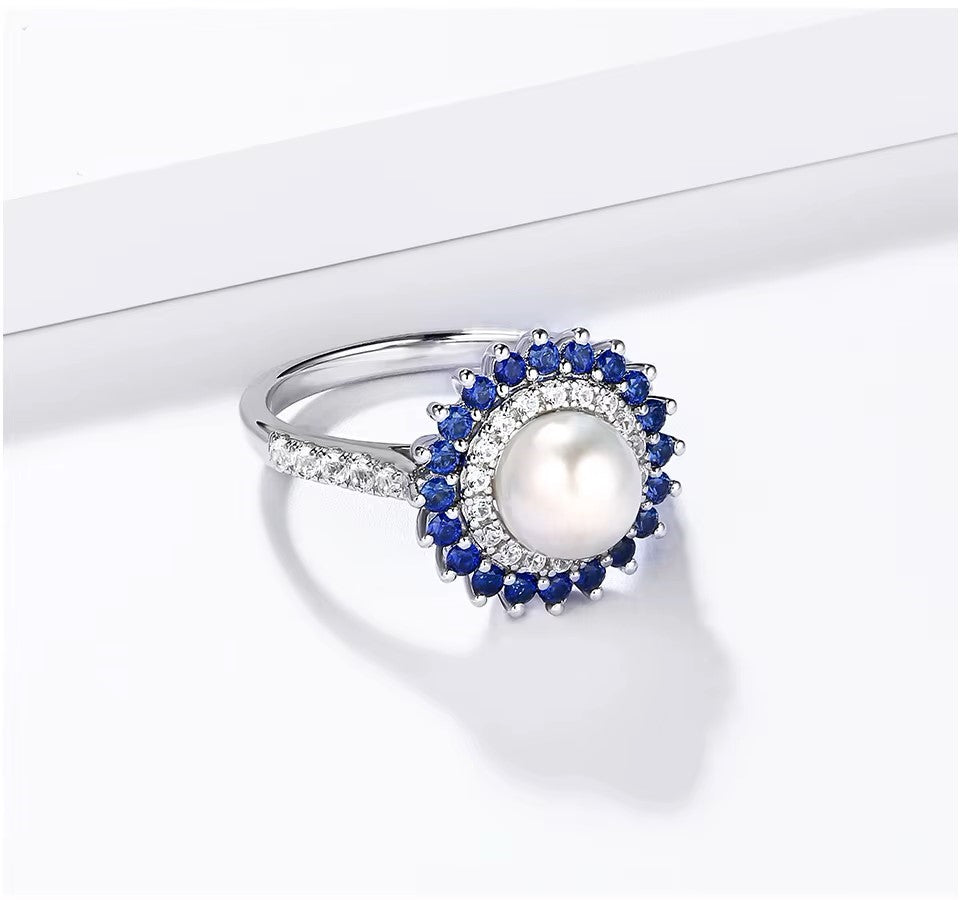 Nora Grace Pearl Halo Ring with Sapphires Nora Grace