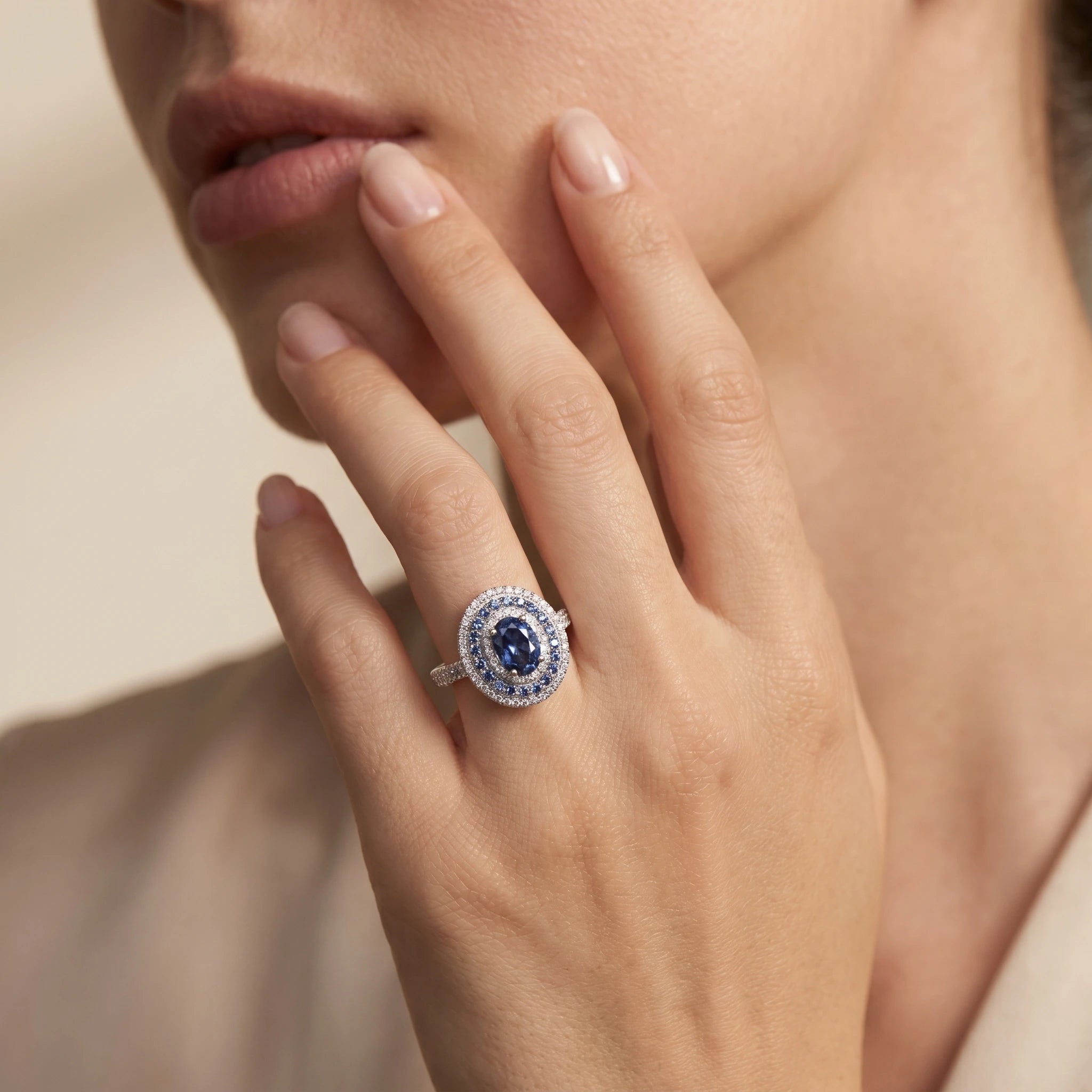 Celeste Oval Blue Moissanite Double Halo Ring Aura Diamonds