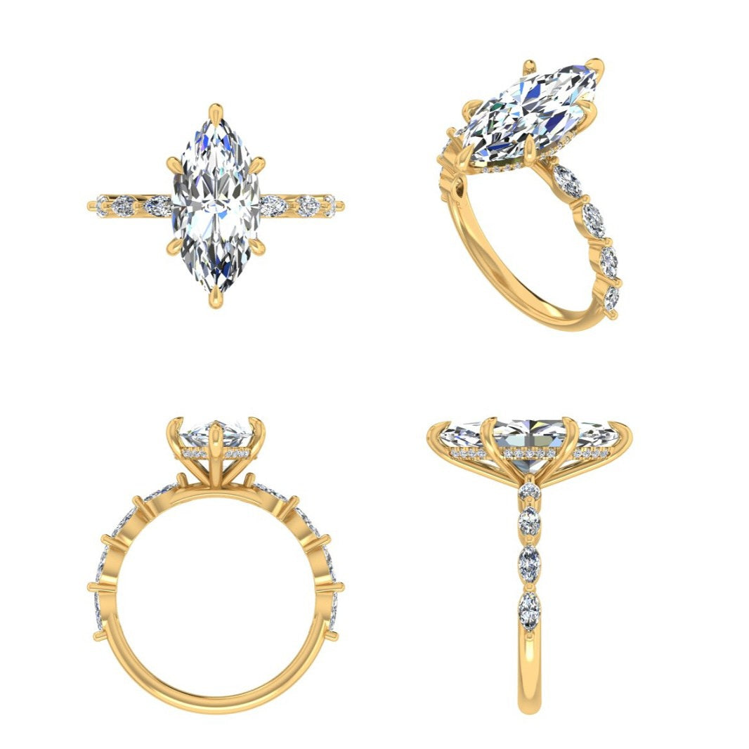 Tiara Marquise Ring | 2ct & 4ct Lab Diamond | Shared Prong Band | Solid Gold Aura Diamonds