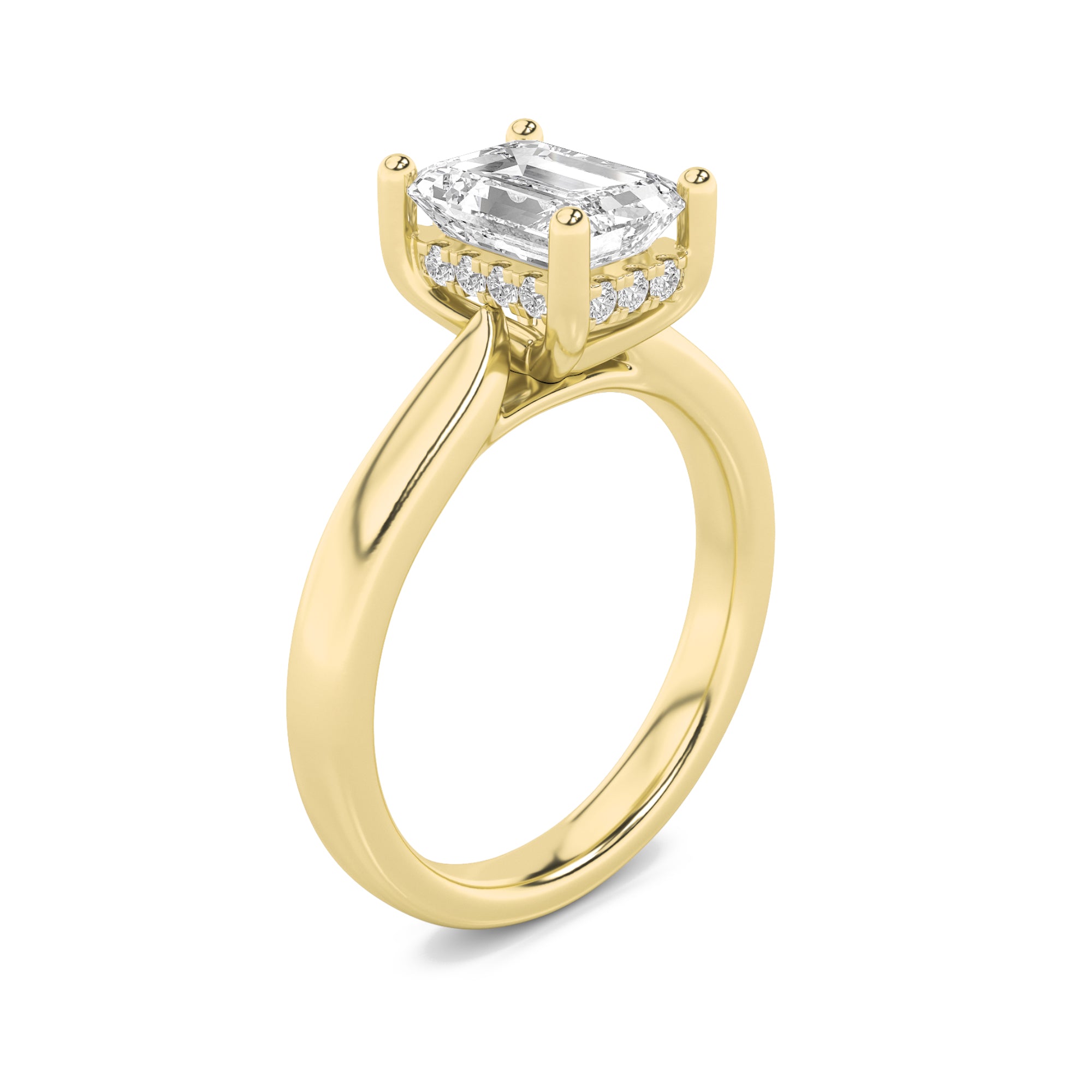 Julia Emerald Solitaire with Hidden Halo - Cathedral Setting - Yellow Gold Aura Diamonds