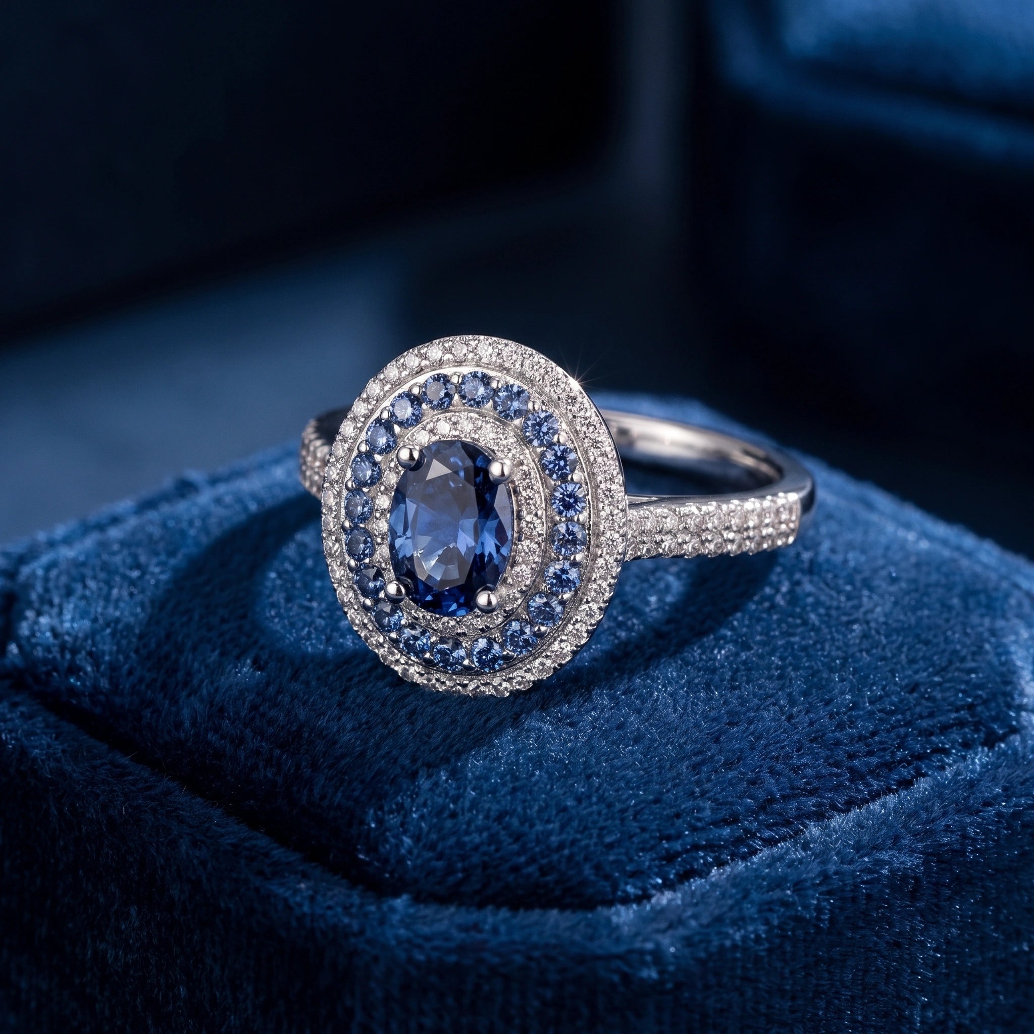Blue moissanite halo ring, luxury lifestyle shot