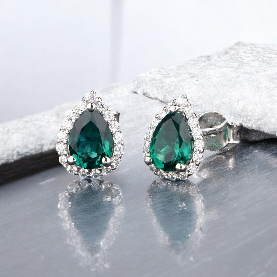 Elegant Natasha Pear-Cut Halo Emerald Stud Earrings | 2 x 1CT Each | Dark Green Aura Diamonds