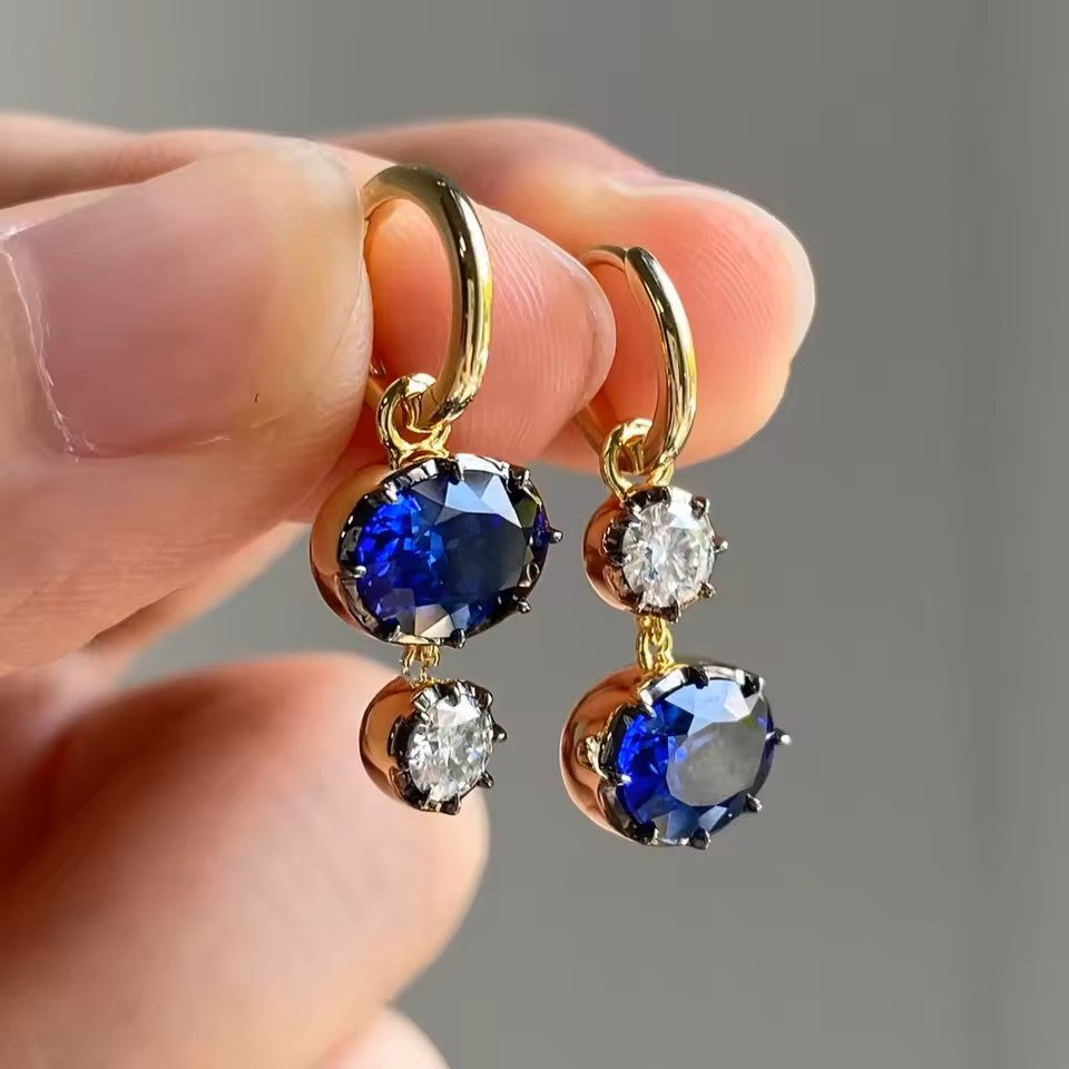 Elegant Oval Sapphire 3 Carat Drop Earrings -14K 18K Solid Gold - Moissanite | Luxury Collection Aura Diamonds