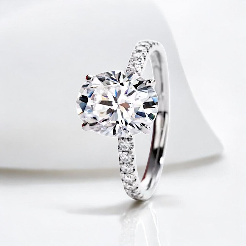 Aura 14K White Gold 3 Carat Oval Cut Ring with Pave Band | 14K Solid White Gold - Moissanite Aura Diamonds