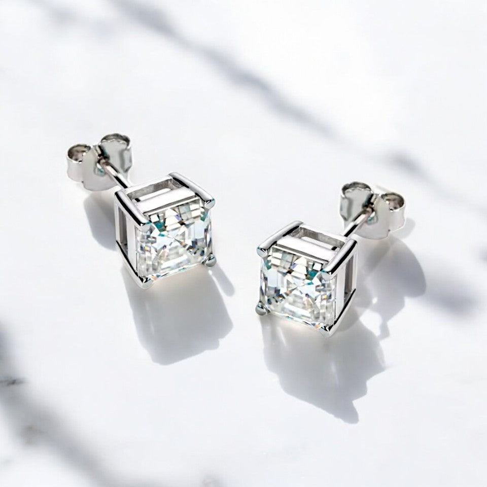 10K White Gold Asscher Cut Stud Earrings with Sterling Silver Setting (Rhodium Plated)| Sparkling Moissanite Aura Diamonds