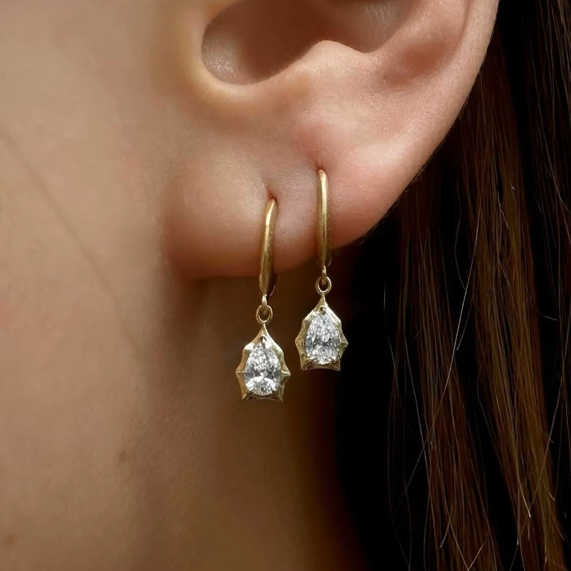Luxe Blossom Drop Hoop Earrings - Pear Cut - Luxury Moissanite Collection Aura Diamonds