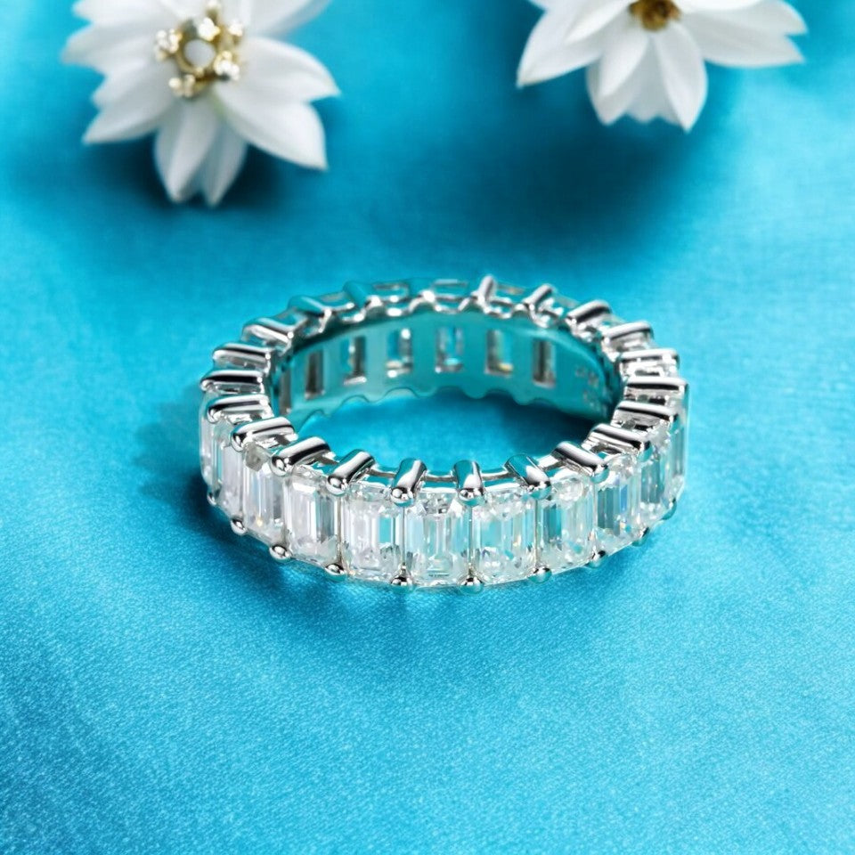 Aura Emerald Baguette Eternity Band ~ 8 Carat Weight- 5MM - Sterling Silver - Rhodium Plated - Moissanite Aura Diamonds
