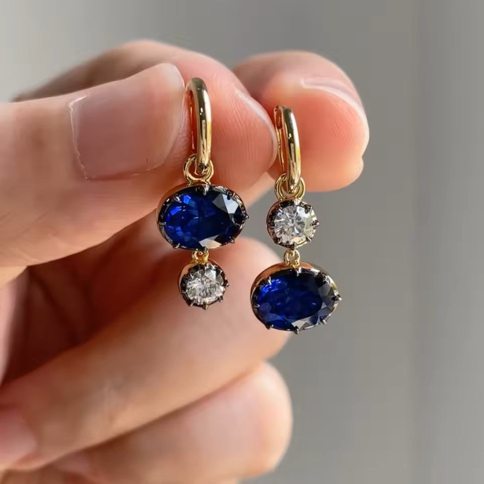 Elegant Oval Sapphire 3 Carat Drop Earrings -14K 18K Solid Gold - Moissanite | Luxury Collection Aura Diamonds